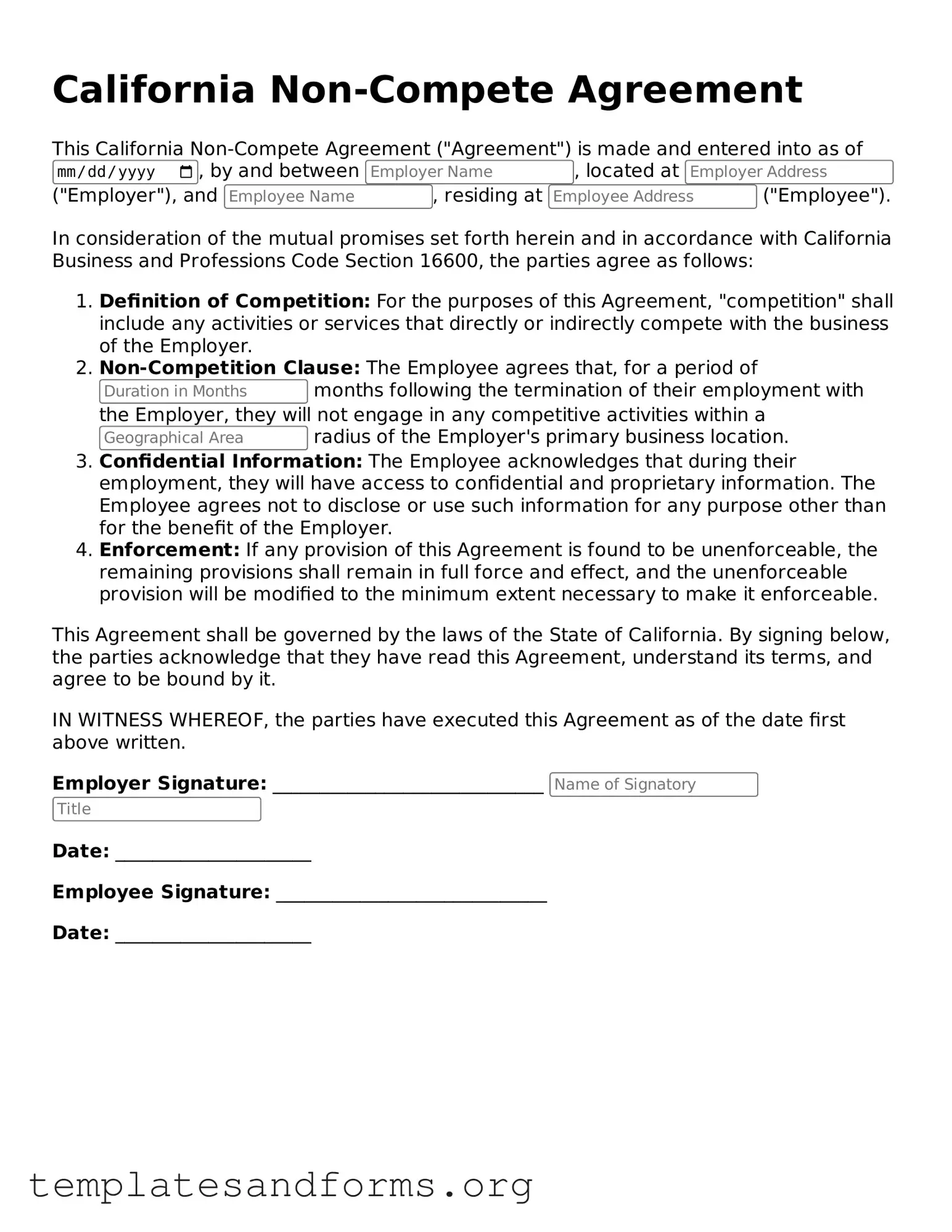 Free Non-compete Agreement Form for the State of California