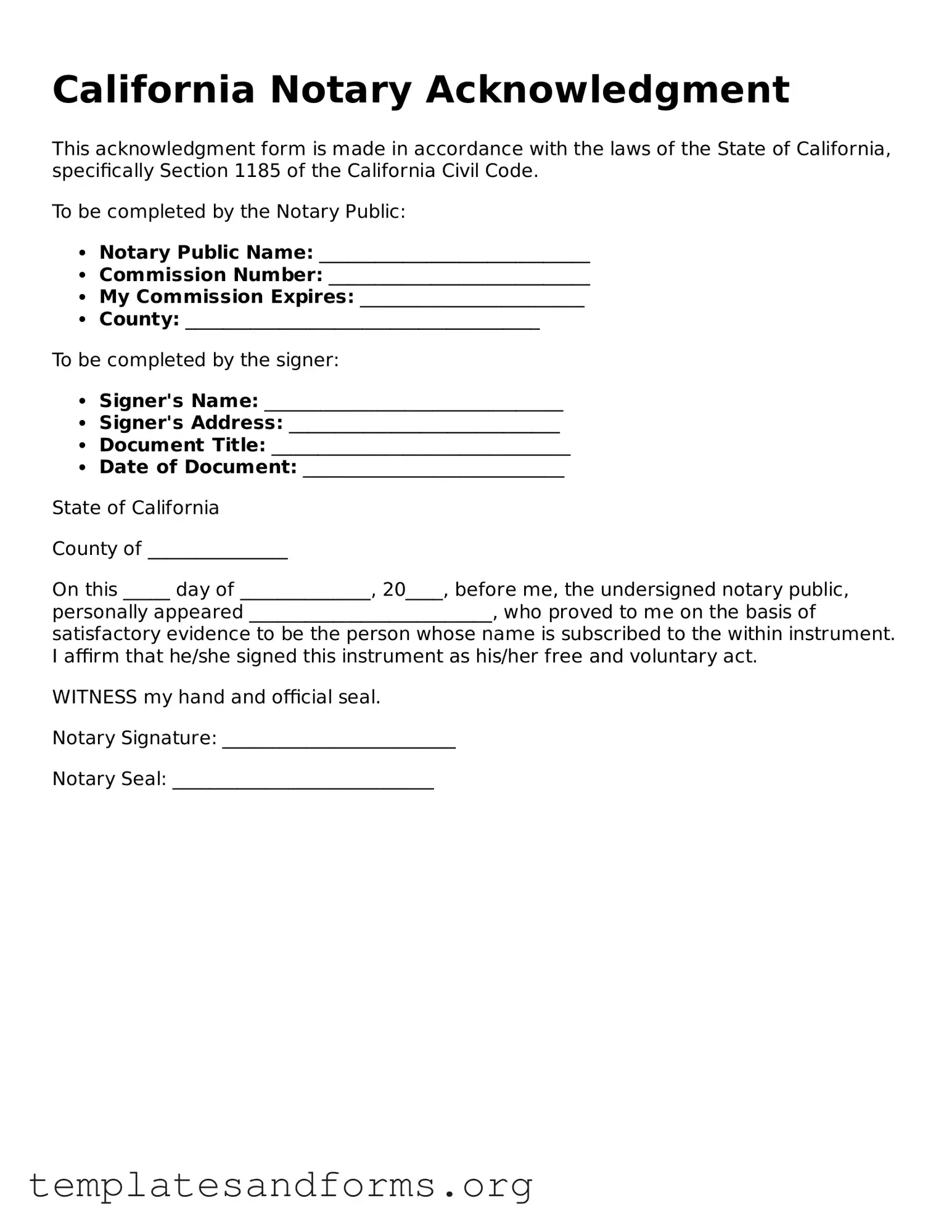 Free Notary Acknowledgement Form for the State of California