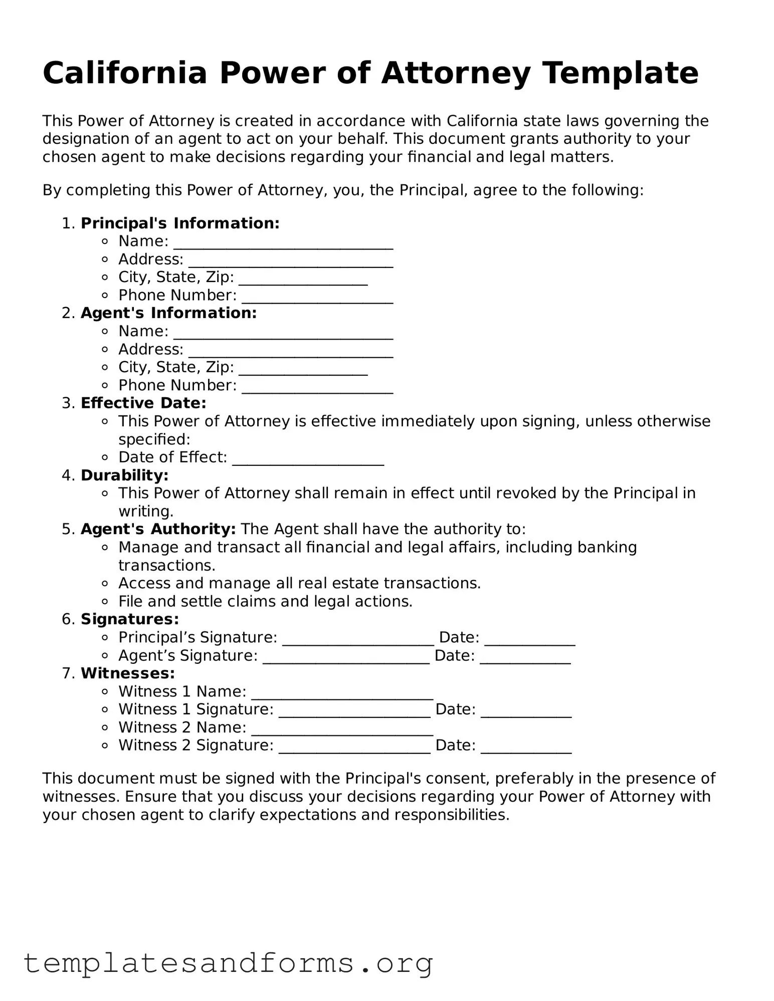 Free Power of Attorney Form for the State of California