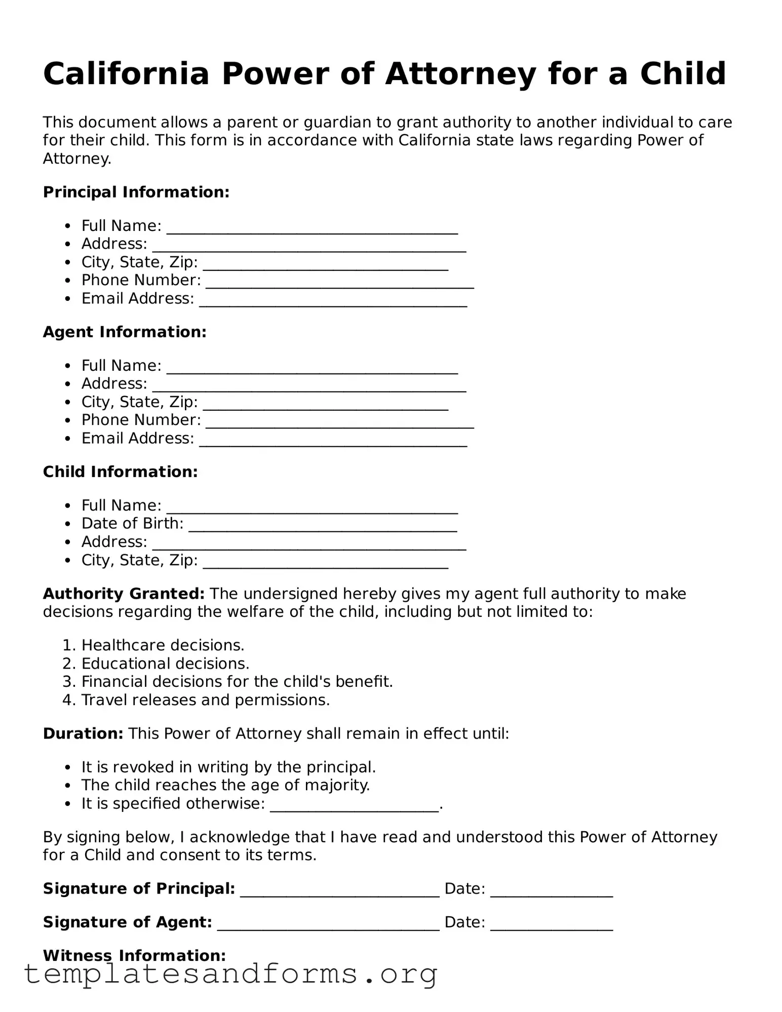 Free Power of Attorney for a Child Form for the State of California