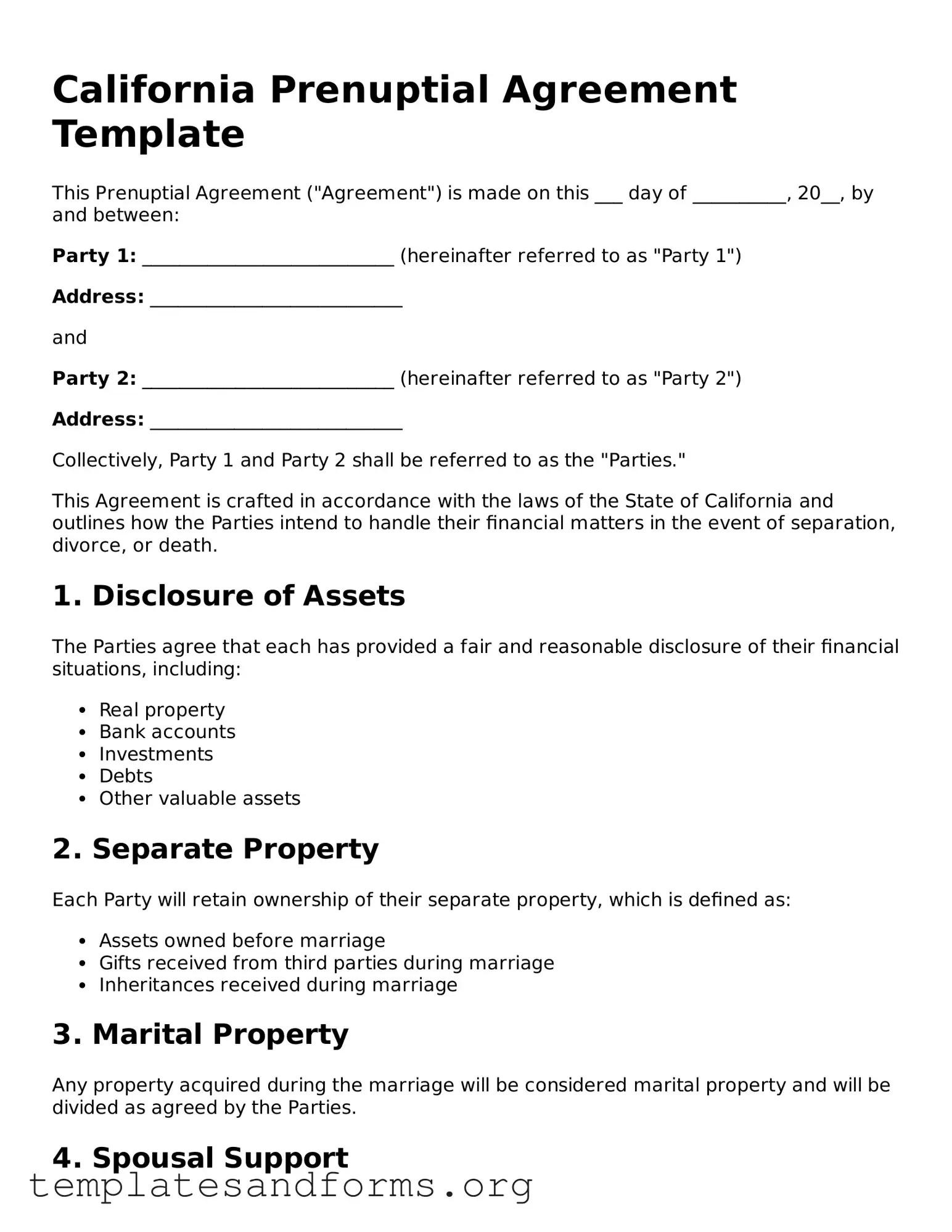 Free Prenuptial Agreement Form for the State of California