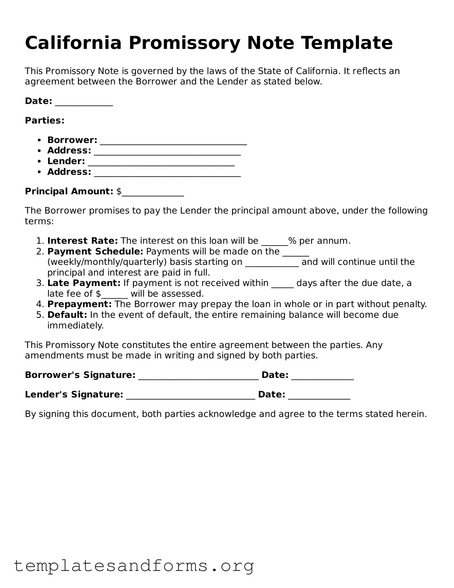 Free Promissory Note Form for the State of California