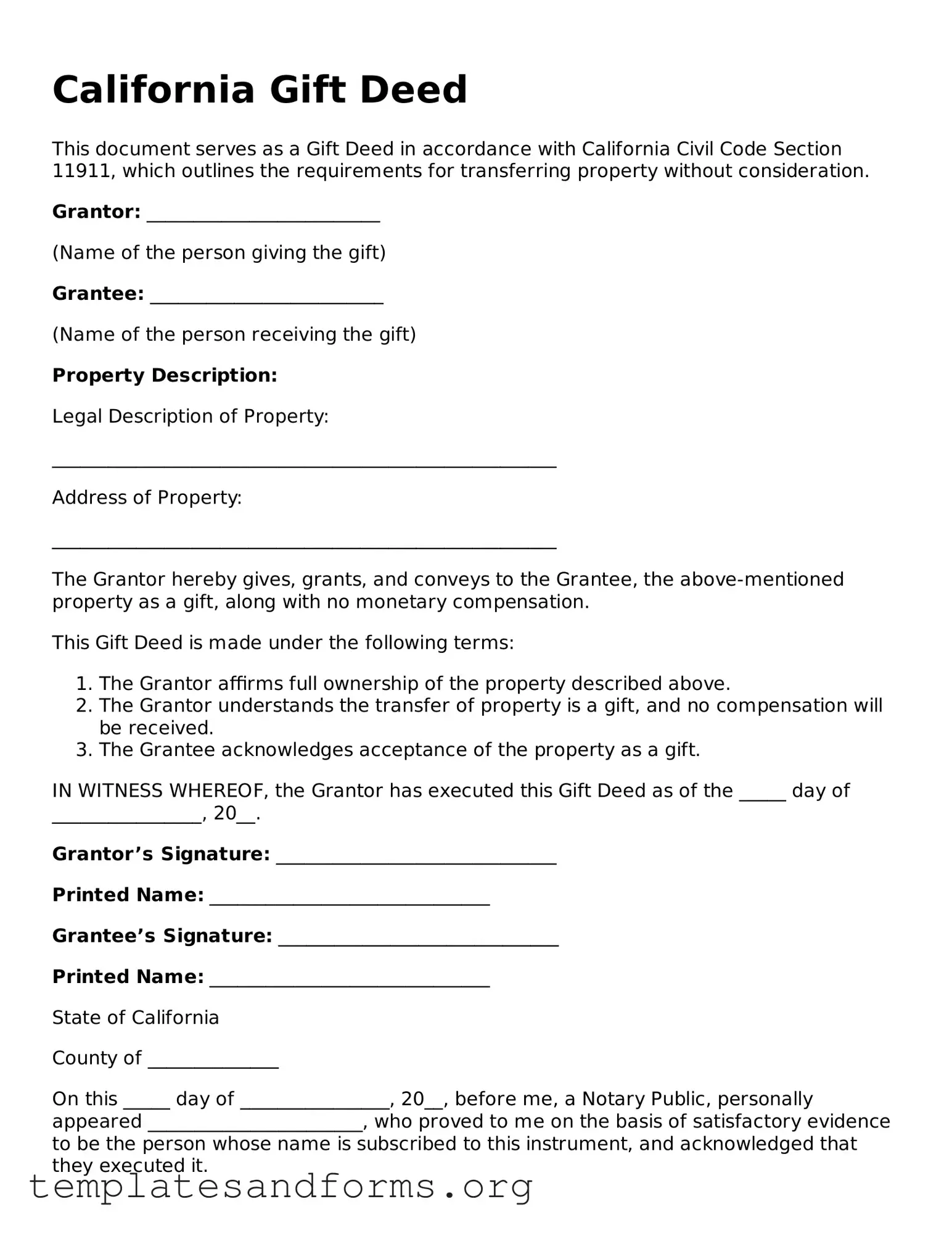 Free Gift Deed Form for the State of California