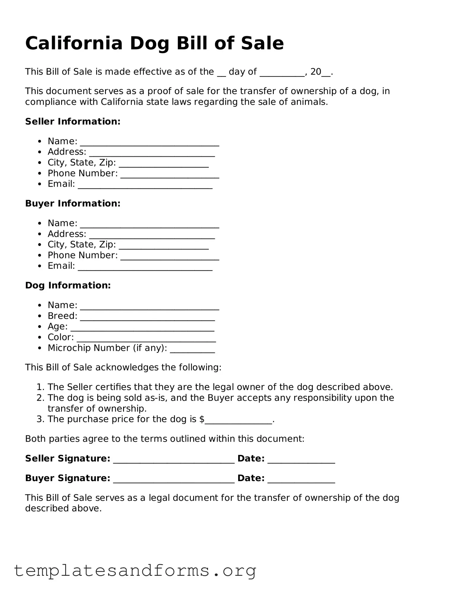 Free Dog Bill of Sale Form for the State of California