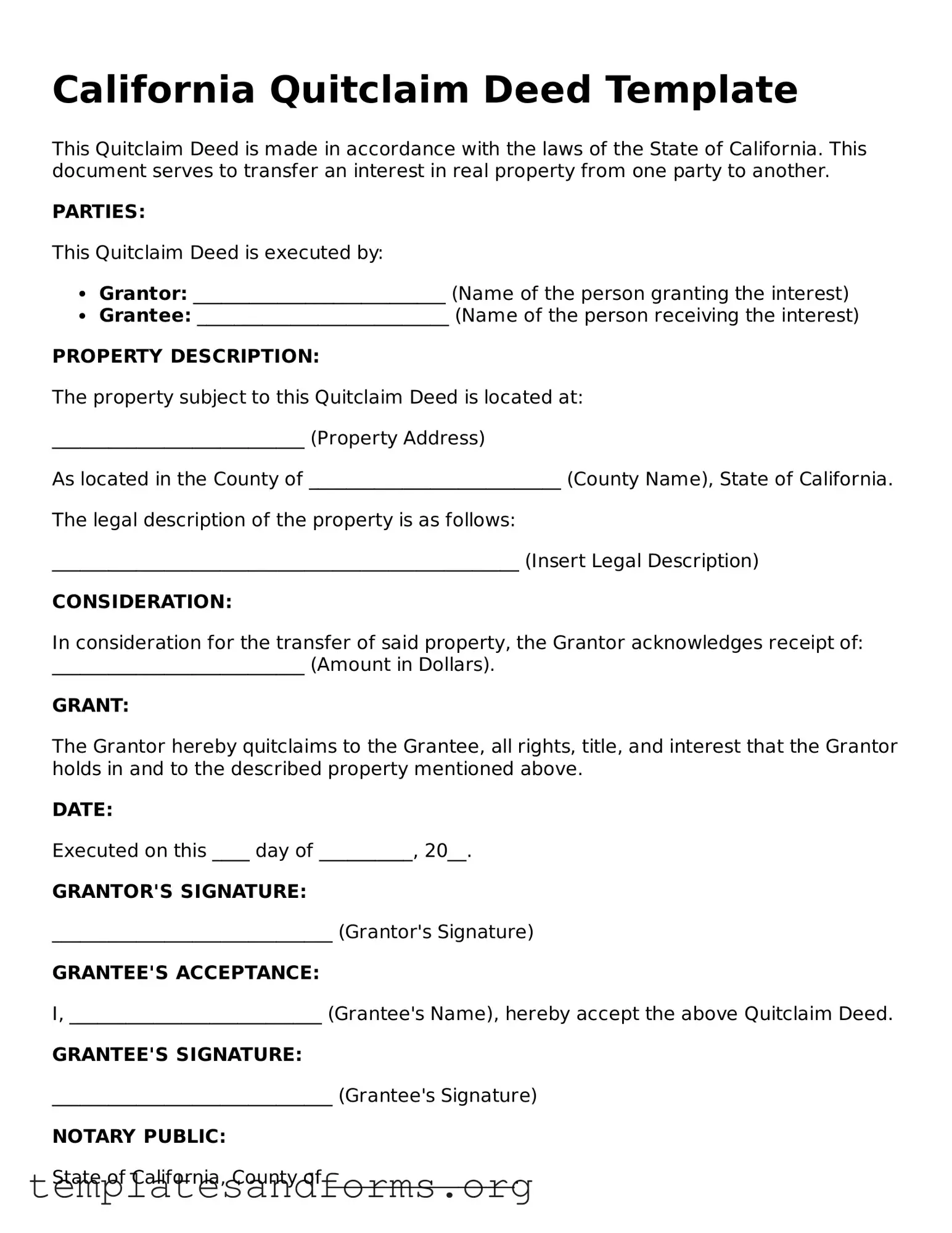Free Quitclaim Deed Form for the State of California