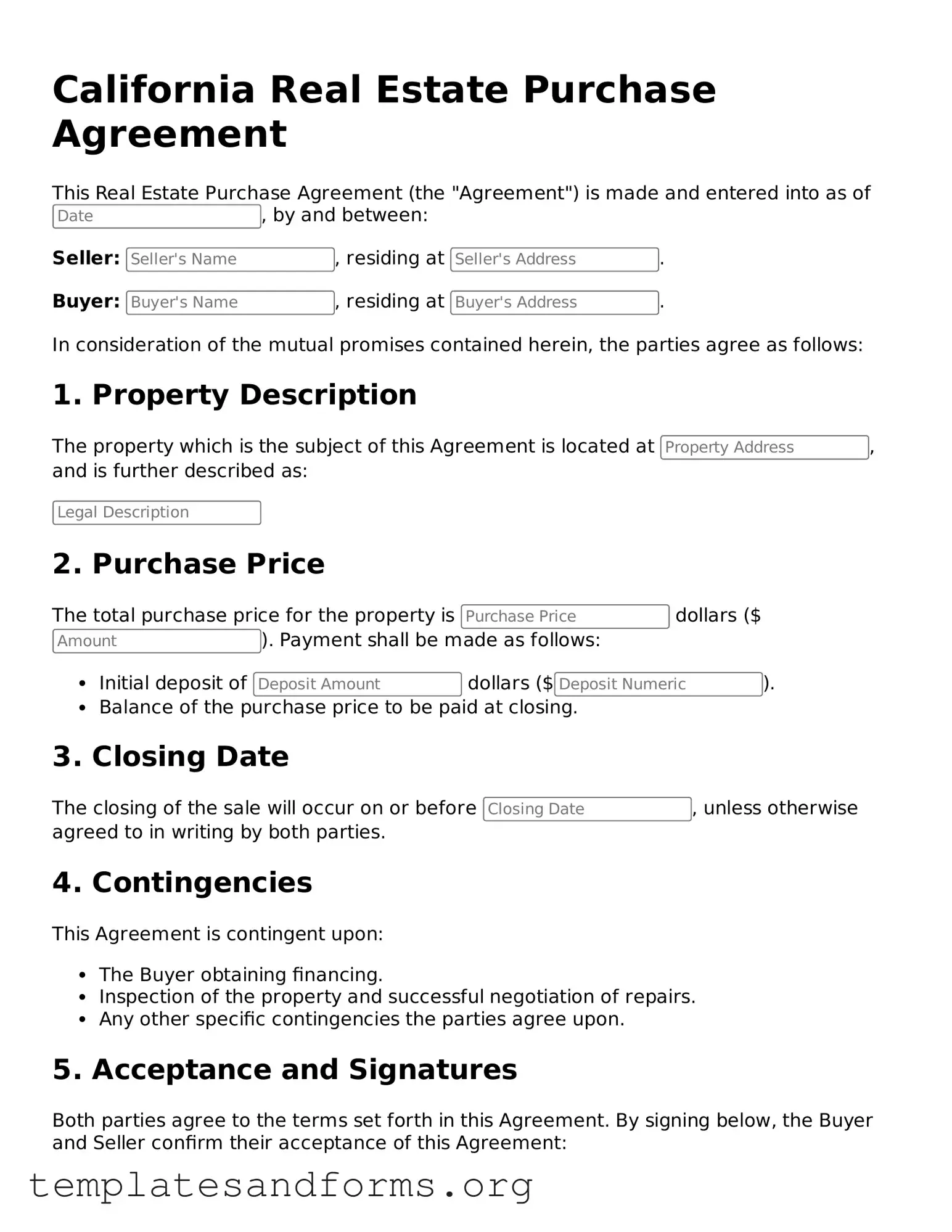 Free Real Estate Purchase Agreement Form for the State of California