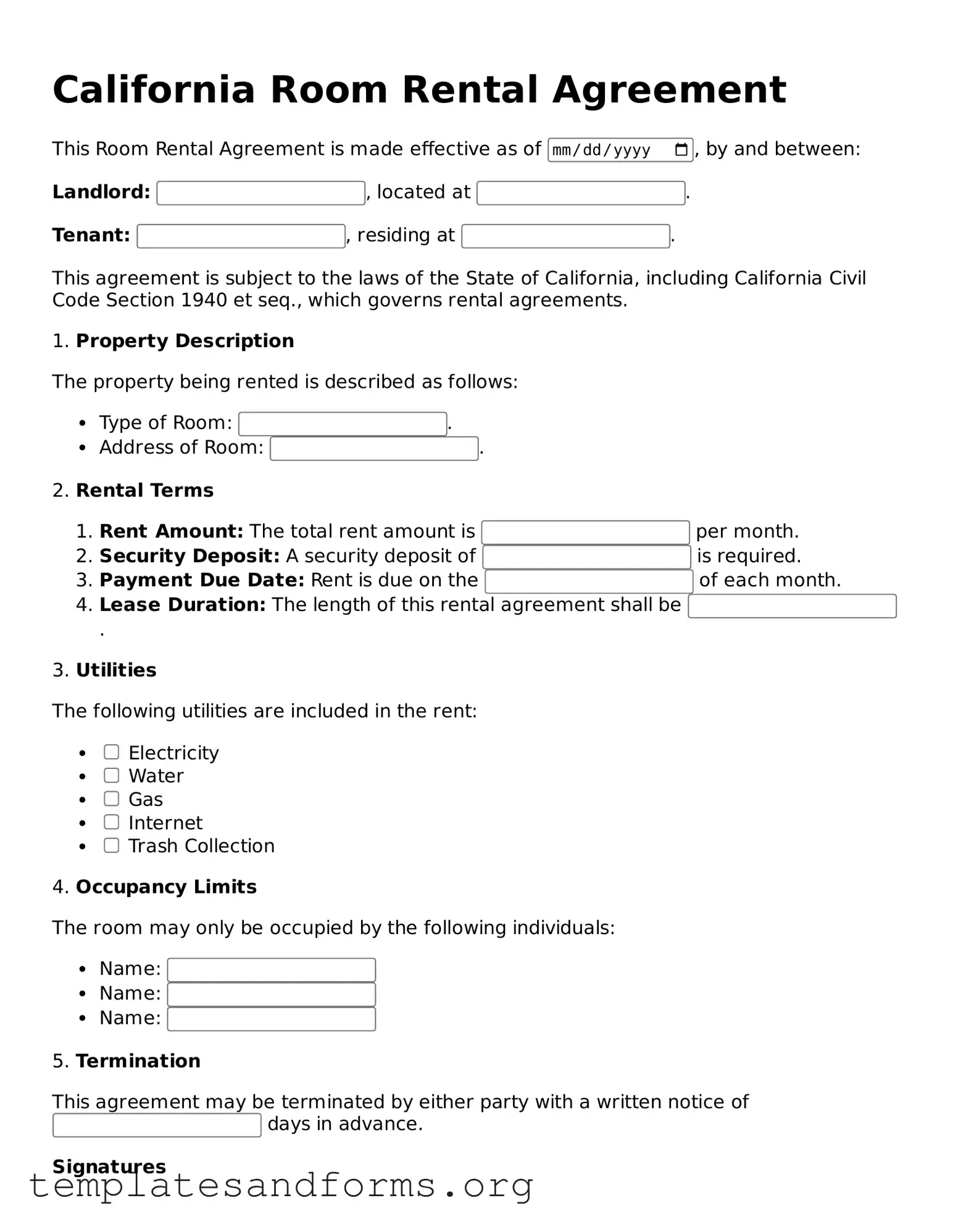 Free Room Rental Agreement Form for the State of California
