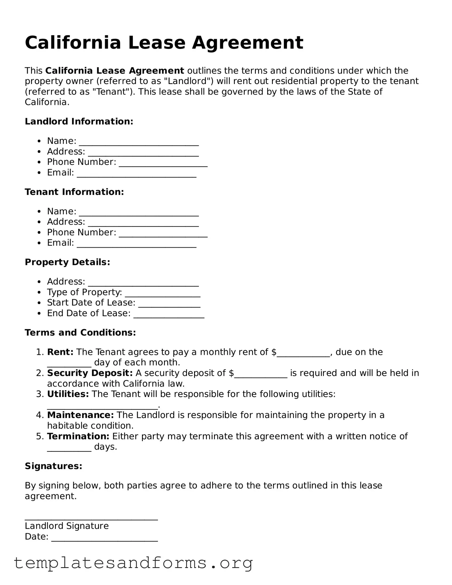 Free Lease Agreement Form for the State of California