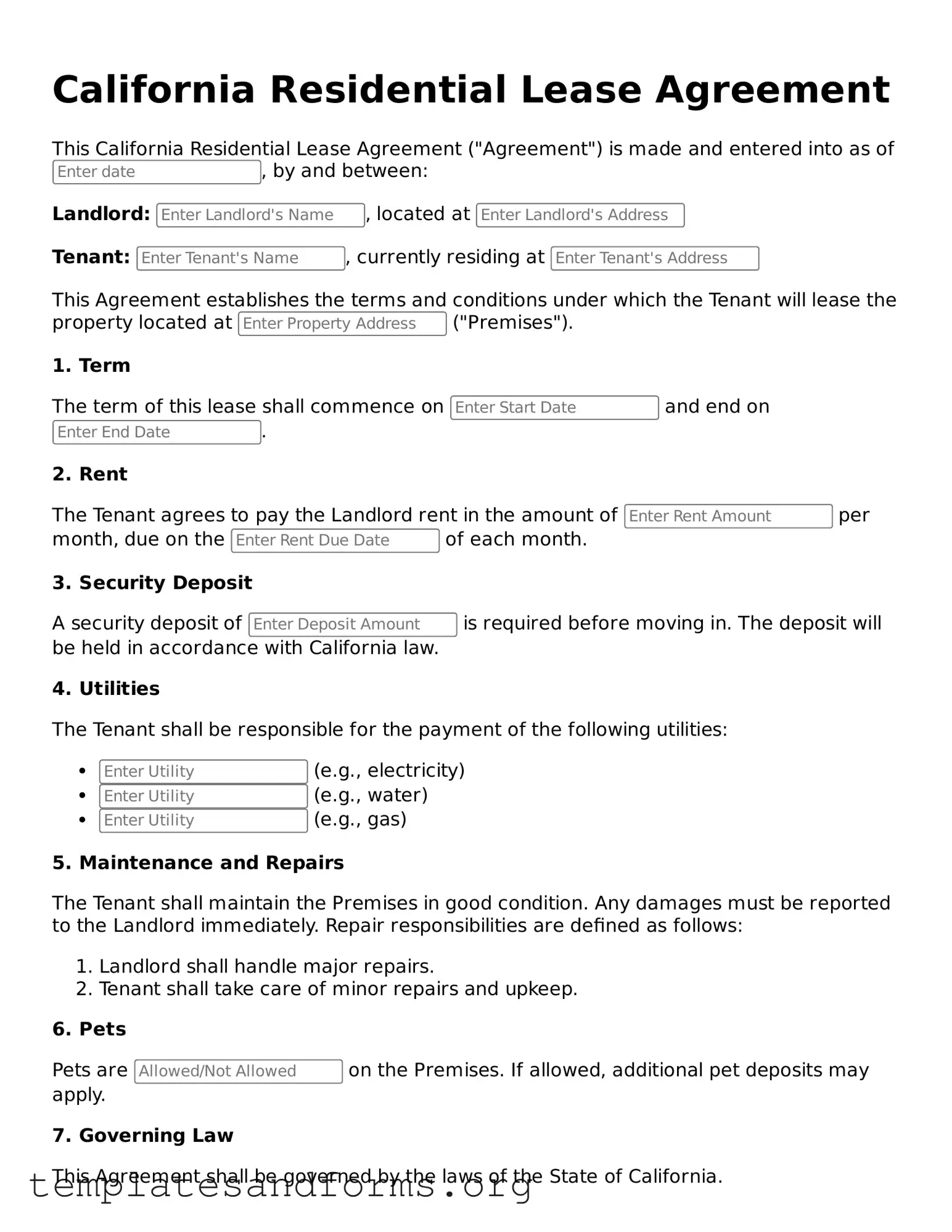 Free Residential Lease Agreement Form for the State of California