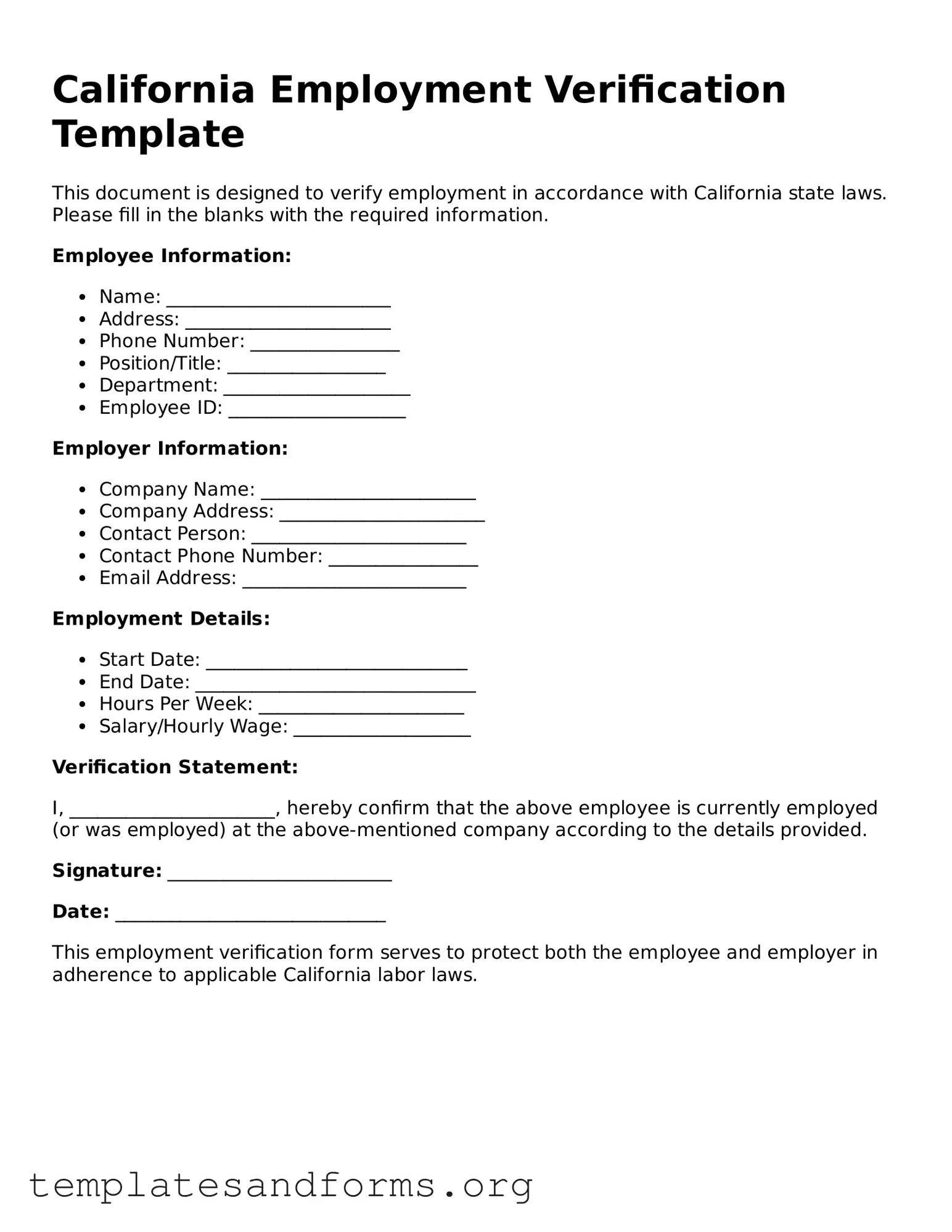 Free Employment Verification Form for the State of California