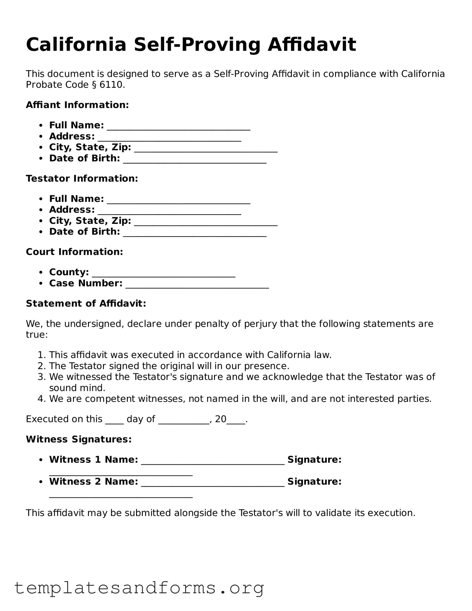 Free Self-Proving Affidavit Form for the State of California