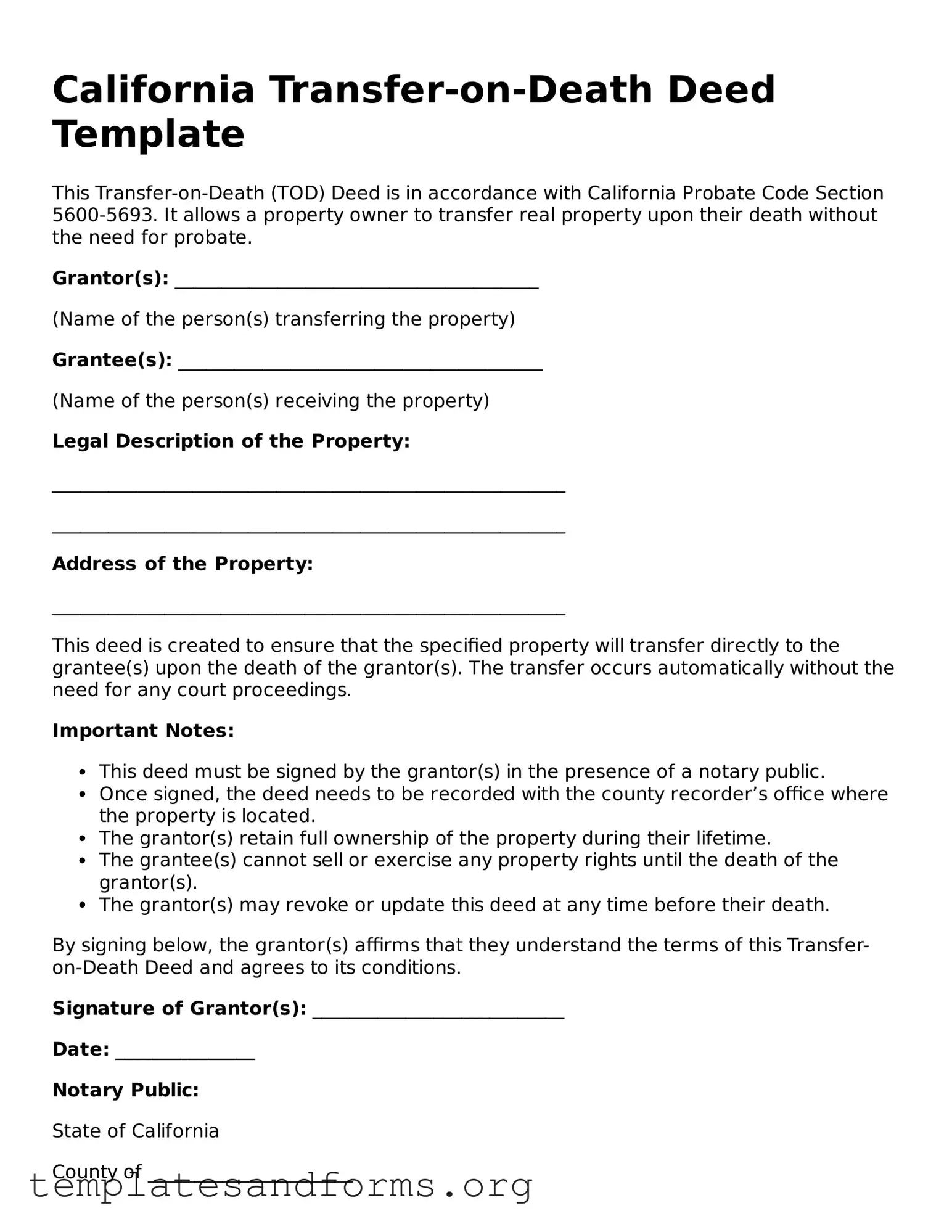 Free Transfer-on-Death Deed Form for the State of California