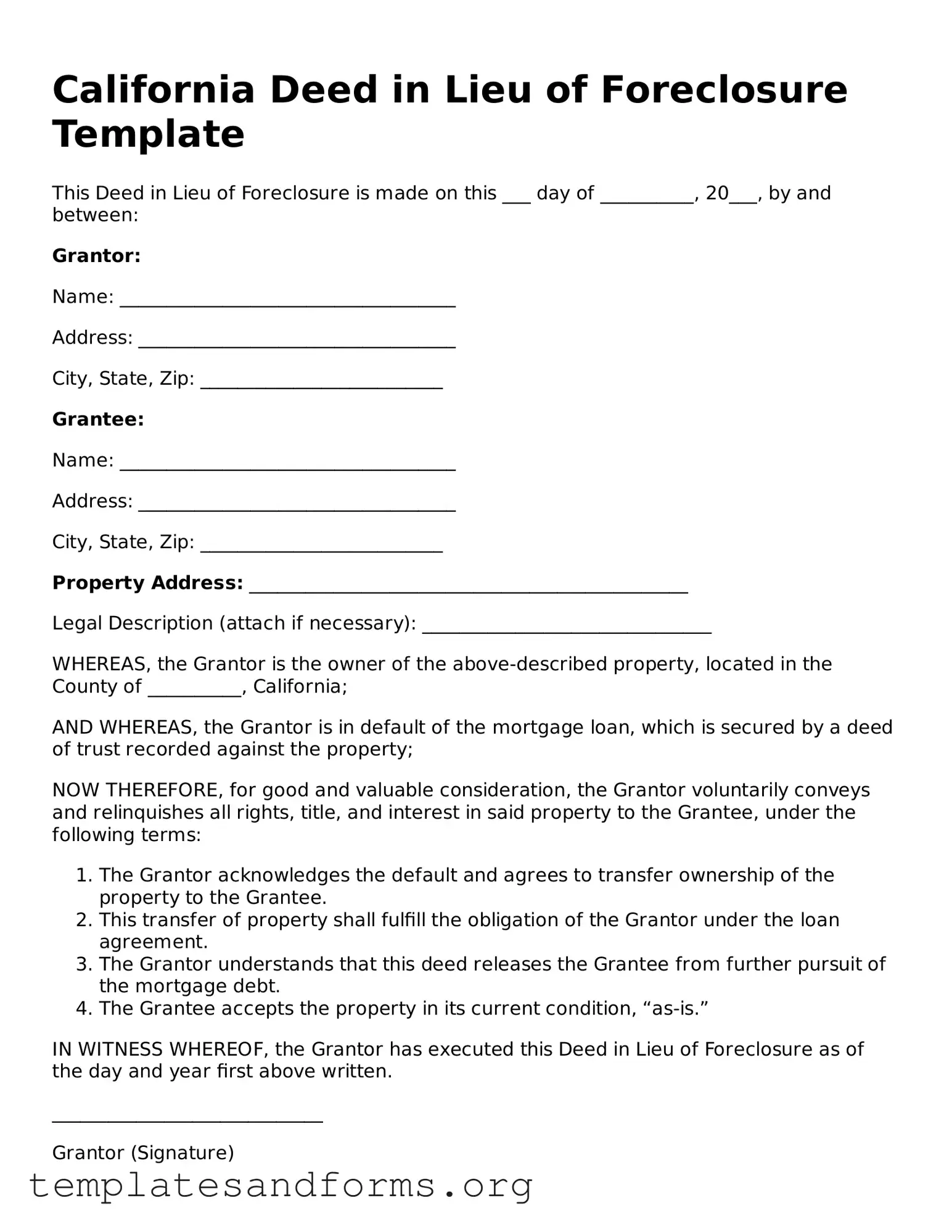 Free Deed in Lieu of Foreclosure Form for the State of California