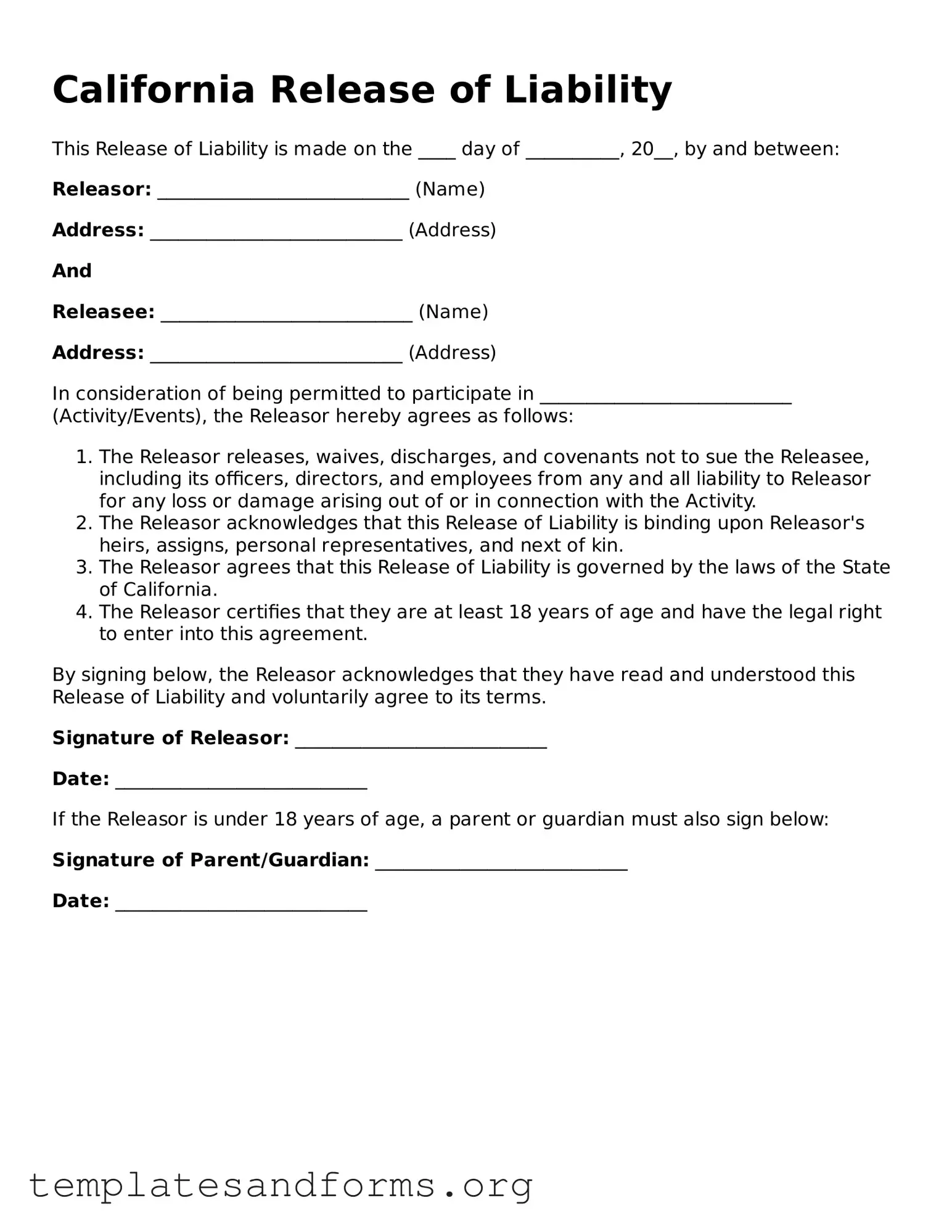 Free Release of Liability Form for the State of California