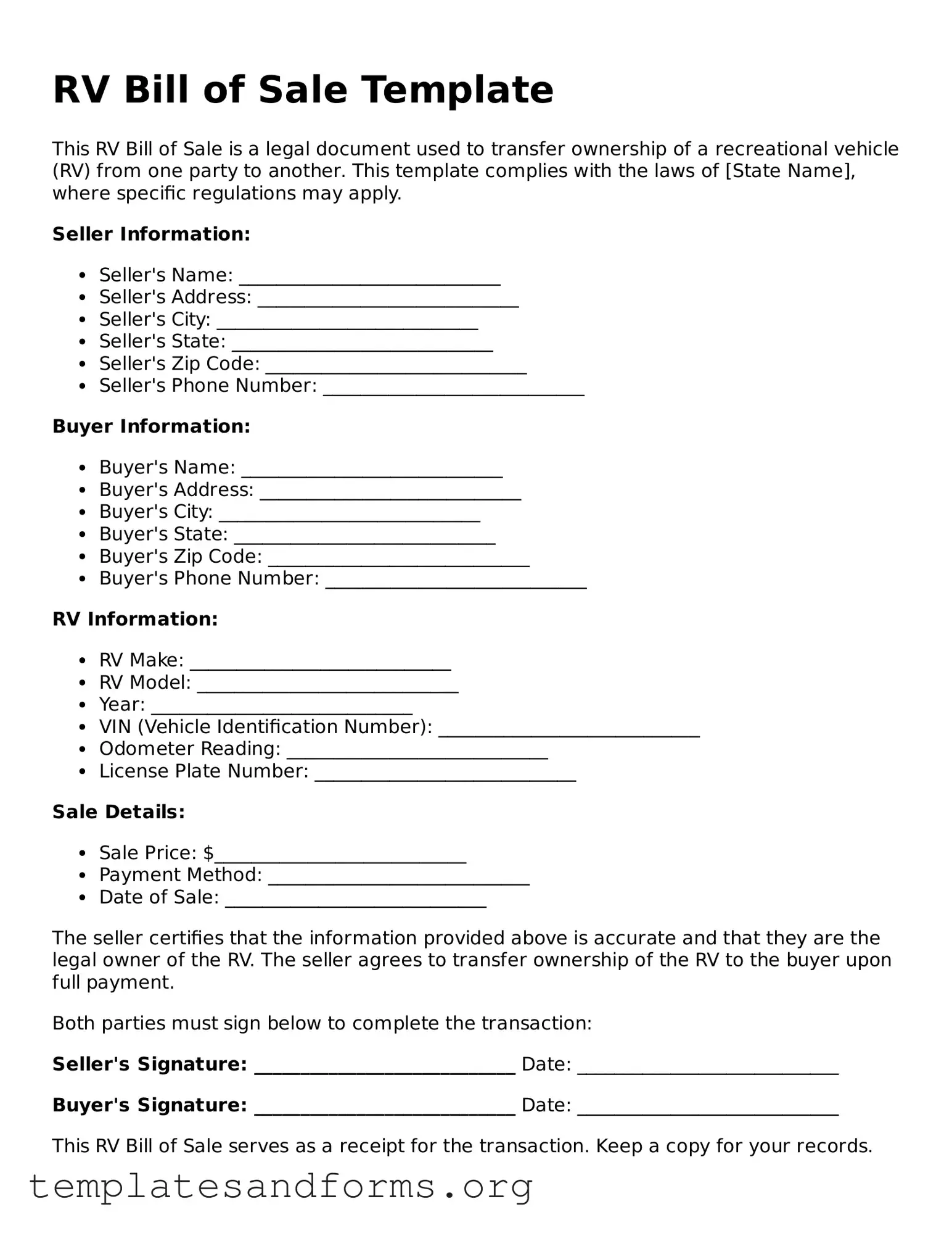 Blank RV Bill of Sale Document