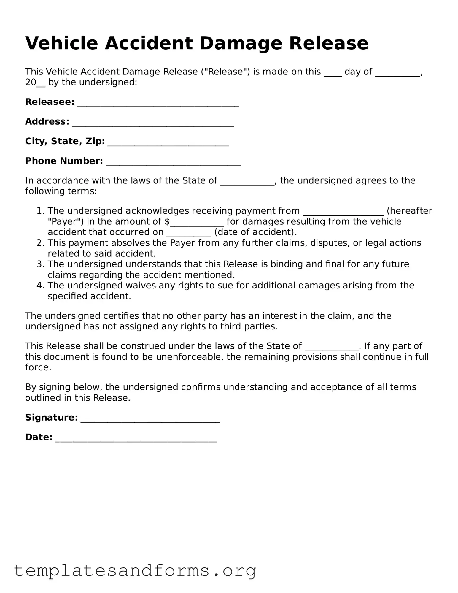 Blank Vehicle Accident Damage Release Document