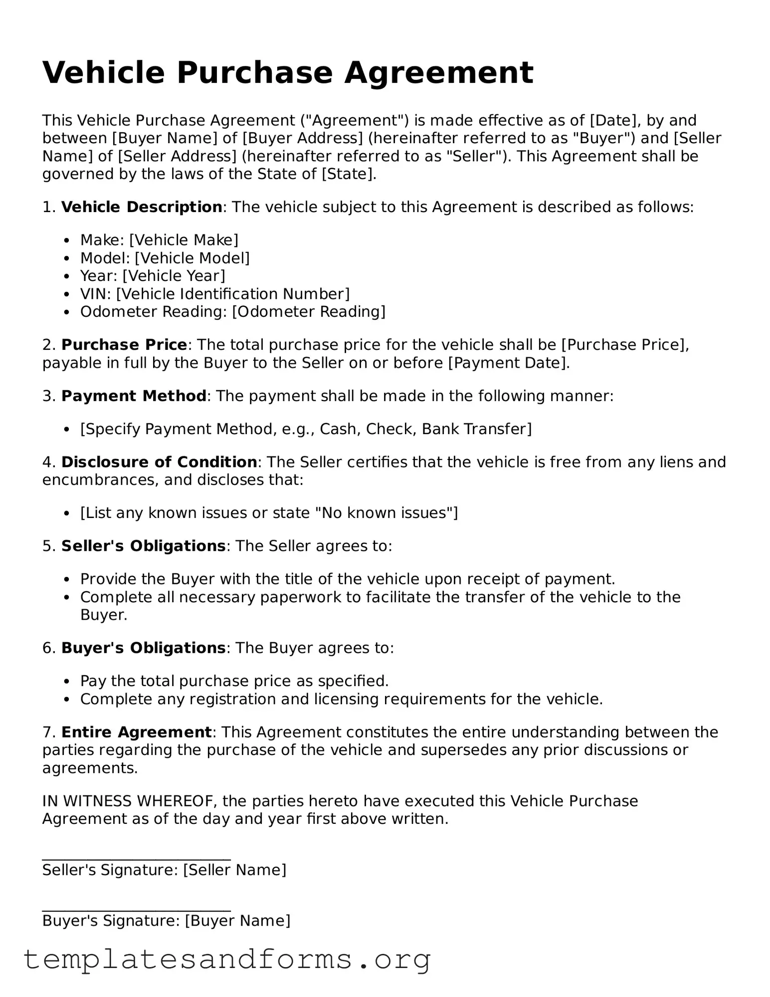 Blank Vehicle Purchase Agreement Document