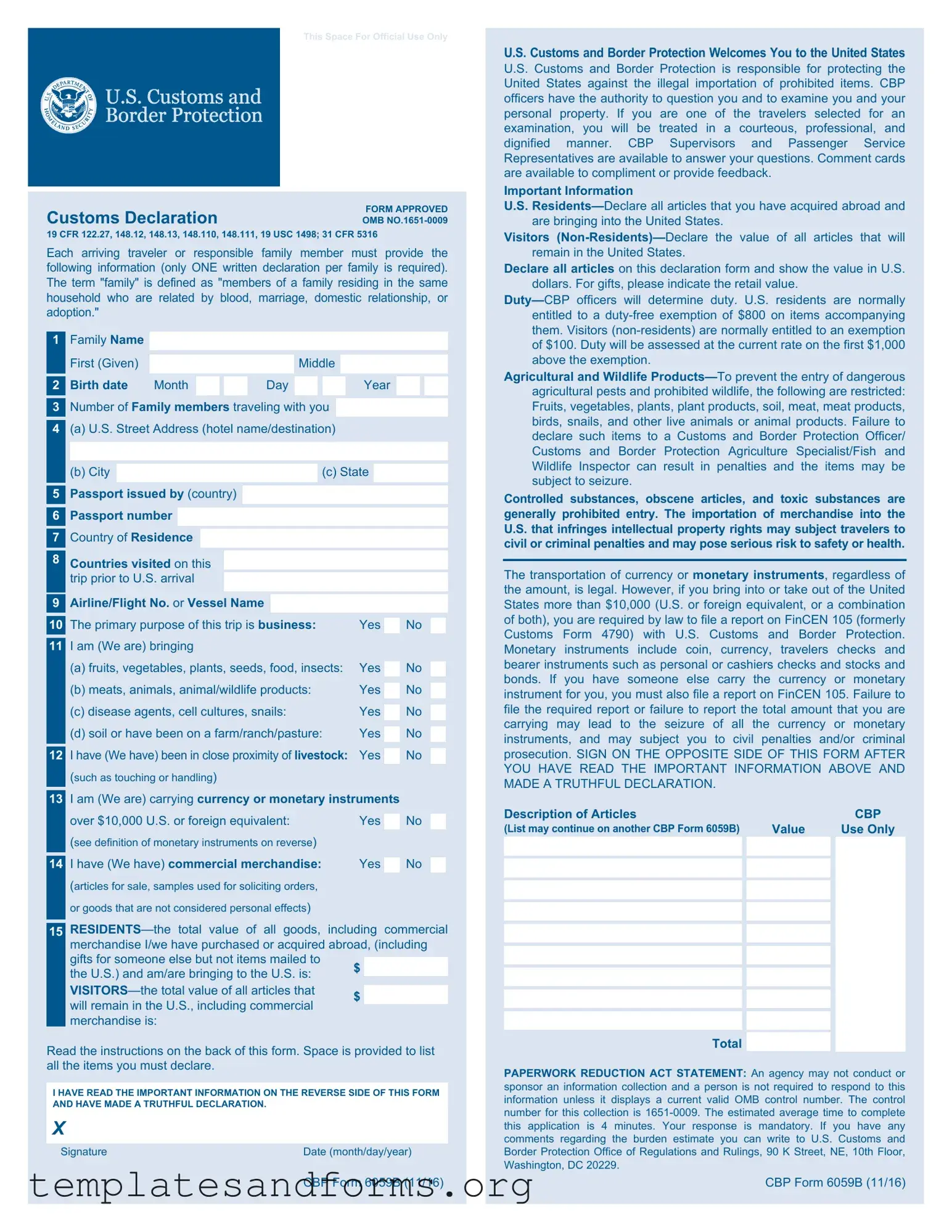Fill in a Valid CBP 6059B Form