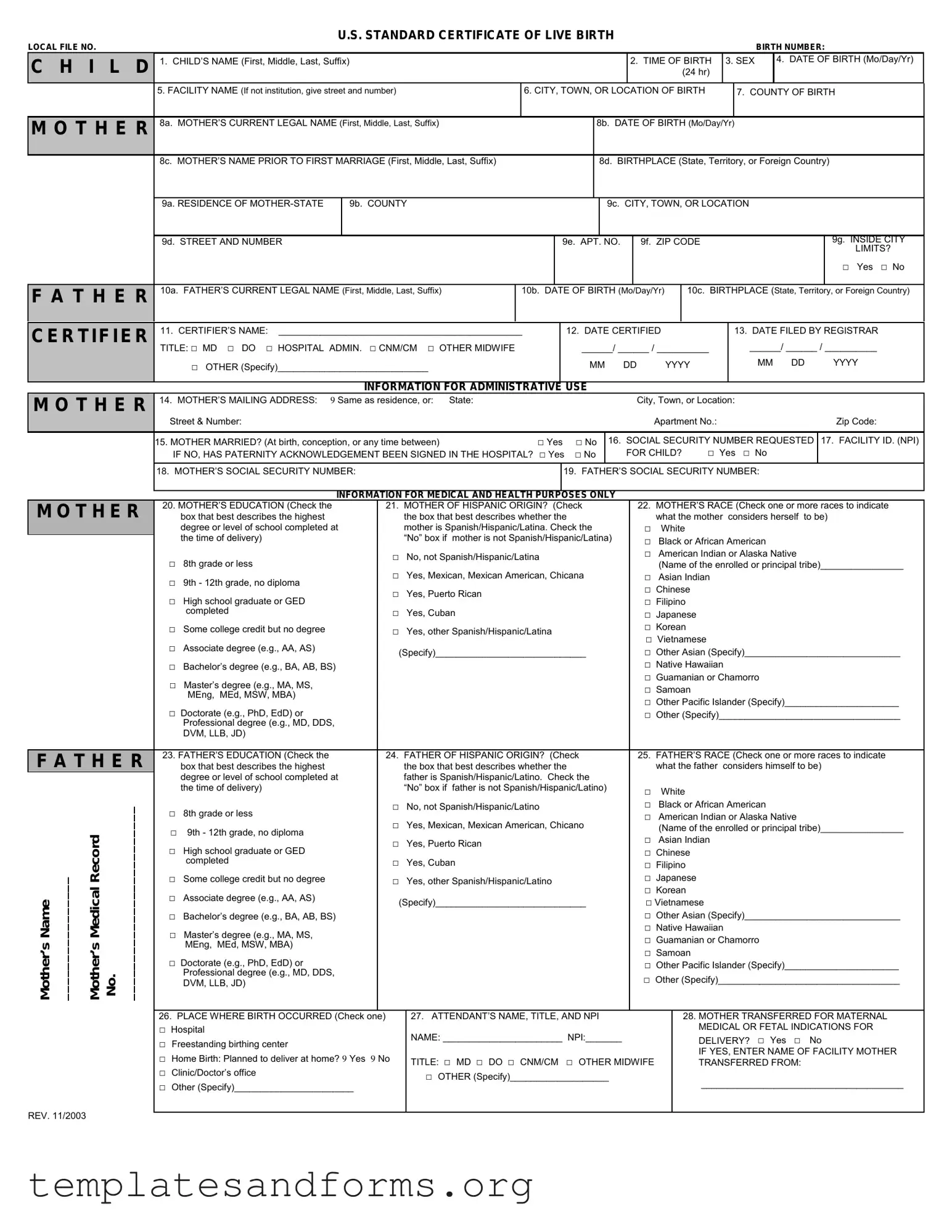 Fill in a Valid CDC U.S. Standard Certificate of Live Birth Form
