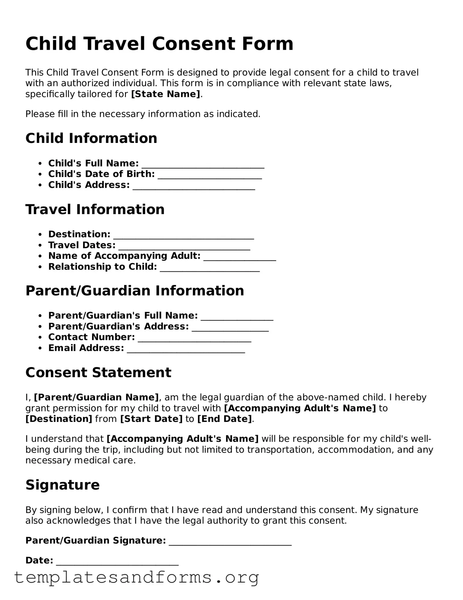Blank Child Travel Consent Form Document