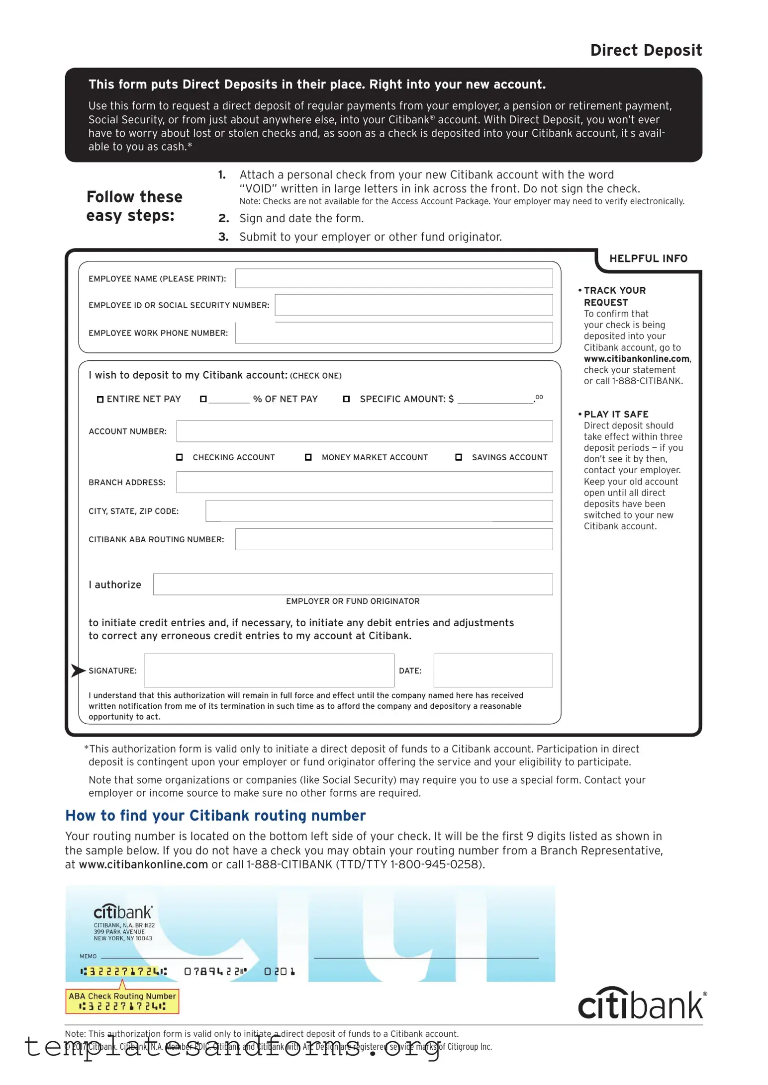 Fill in a Valid Citibank Direct Deposit Form