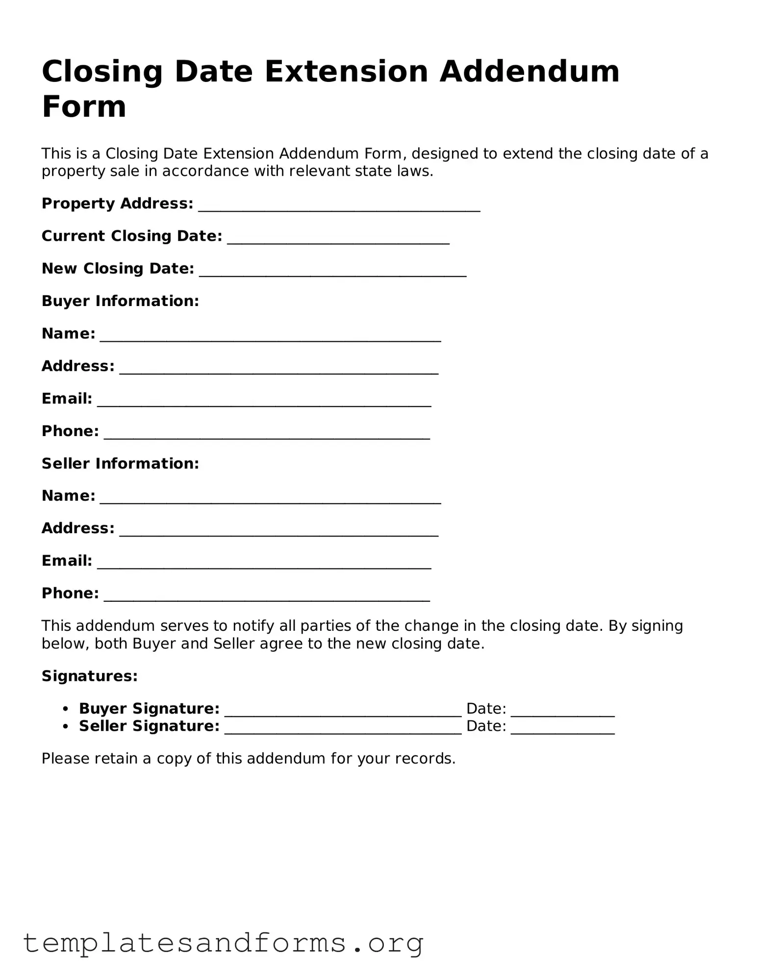 Blank Closing Date Extension Addendum Form Document