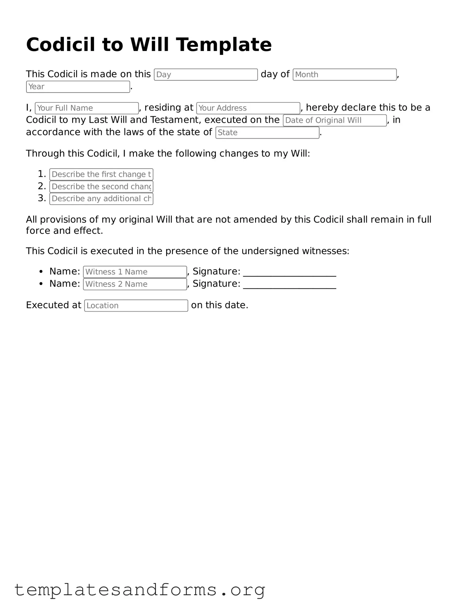 Blank Codicil to Will Document