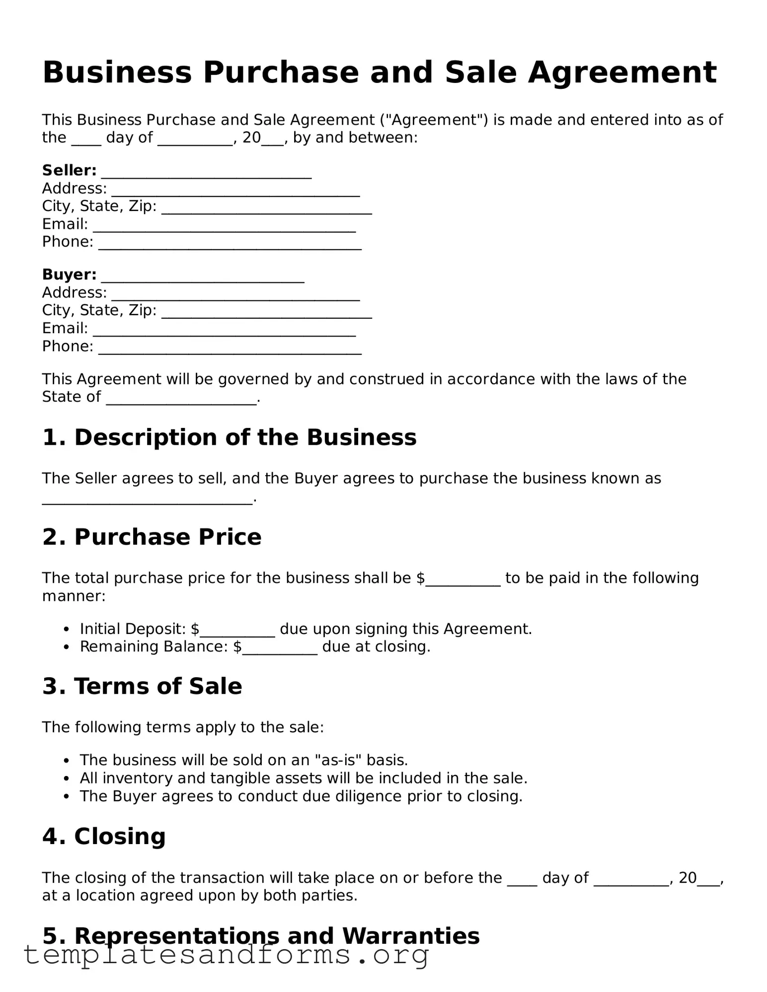 Blank Business Purchase and Sale Agreement Document