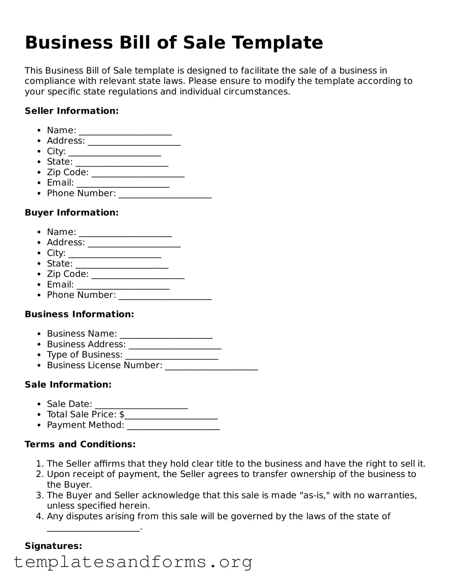Blank Business Bill of Sale Document