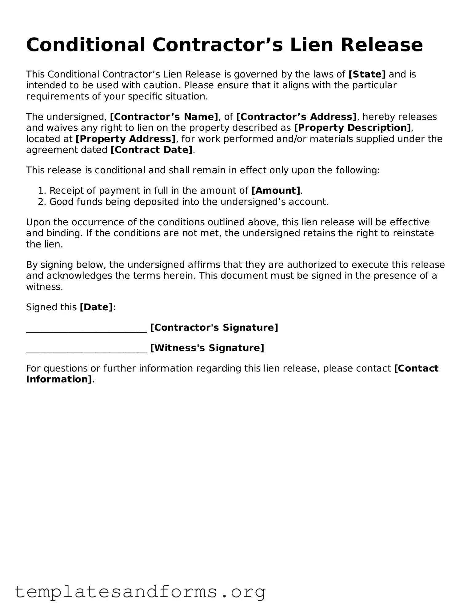 Blank Conditional Contractor’s Lien Release Document