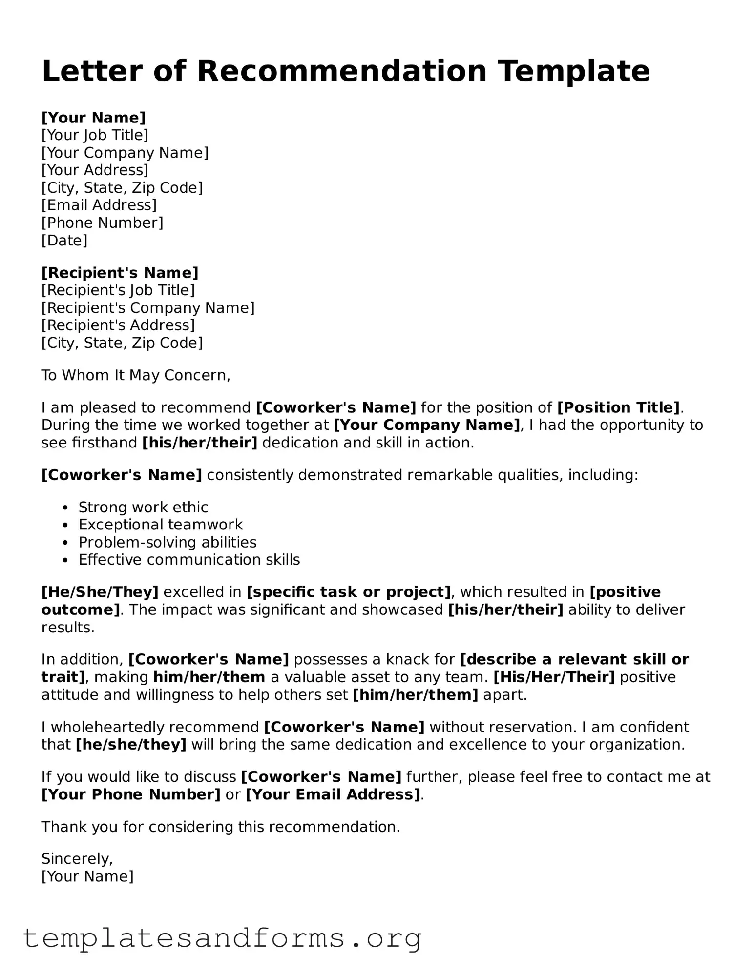 Blank Letter of Recommendation for Coworker Document