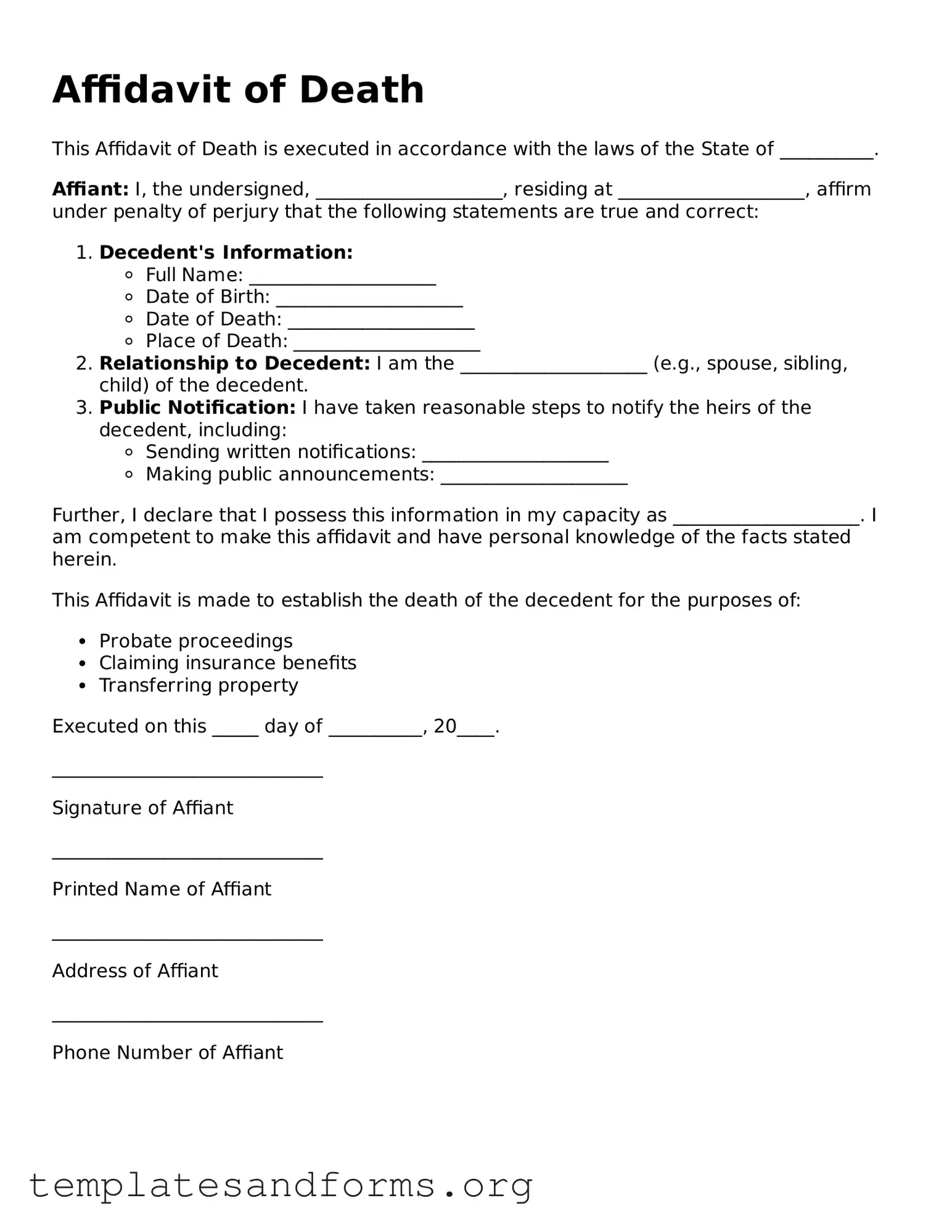 Blank Affidavit of Death Document