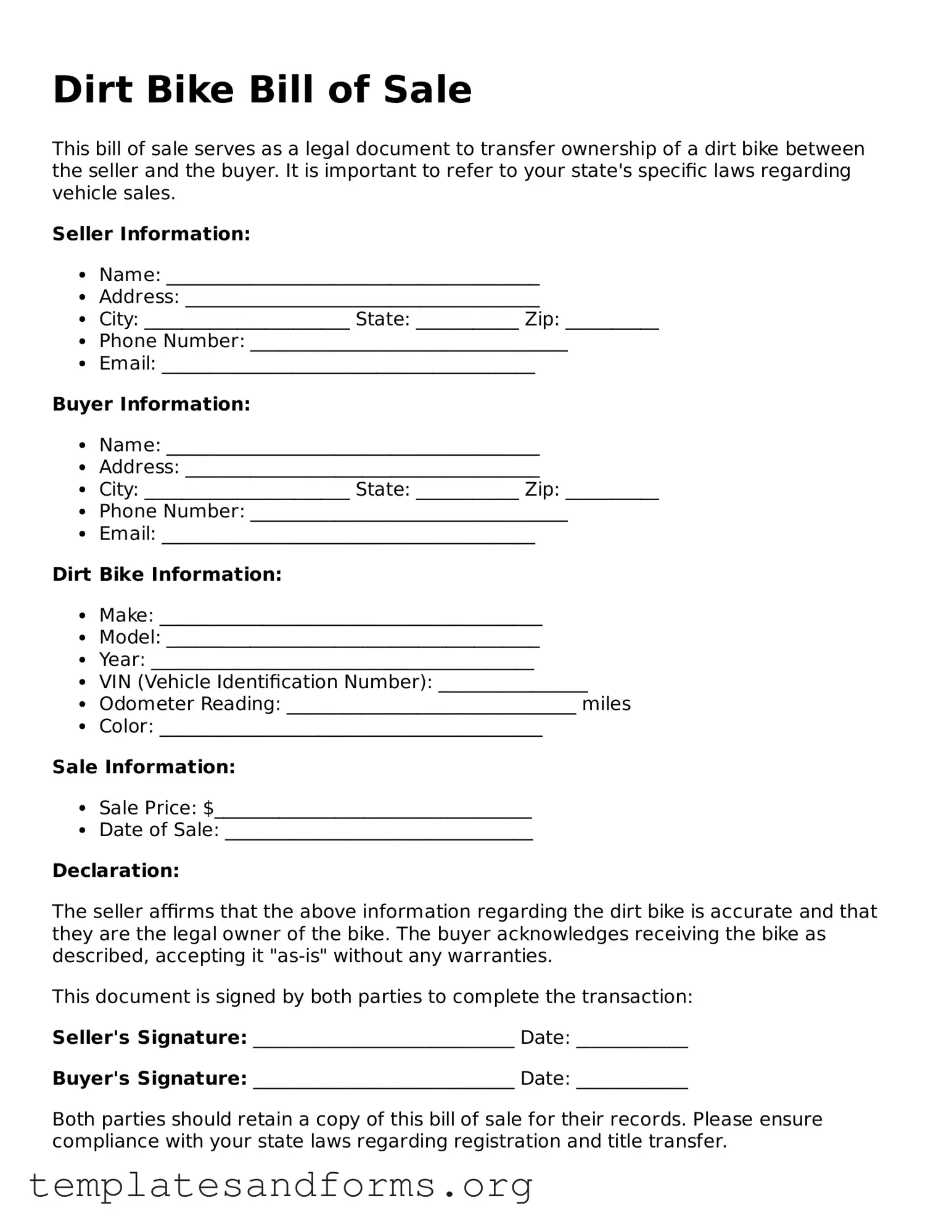 Blank Dirt Bike Bill of Sale Document