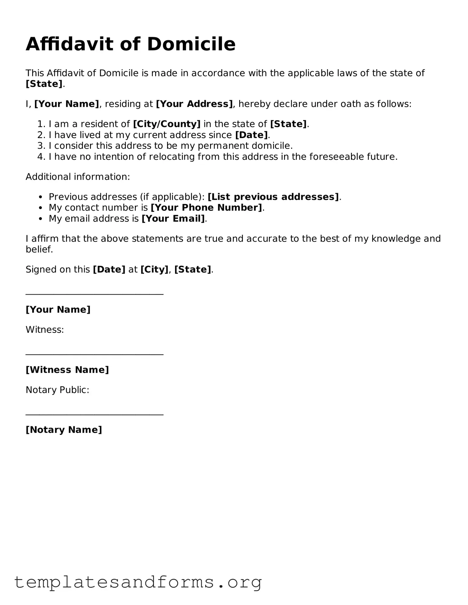 Blank Affidavit of Domicile Document