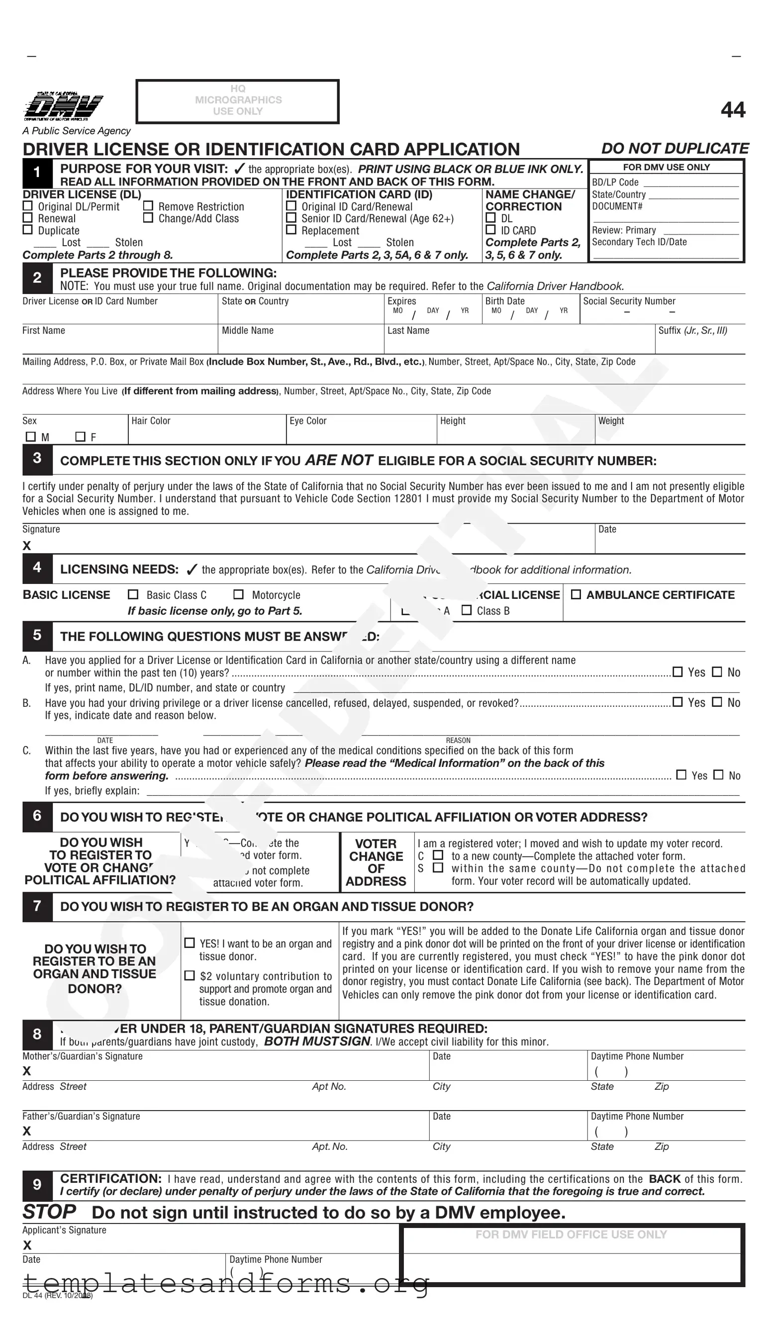 Fill in a Valid Ca Dmv Dl 44 Form