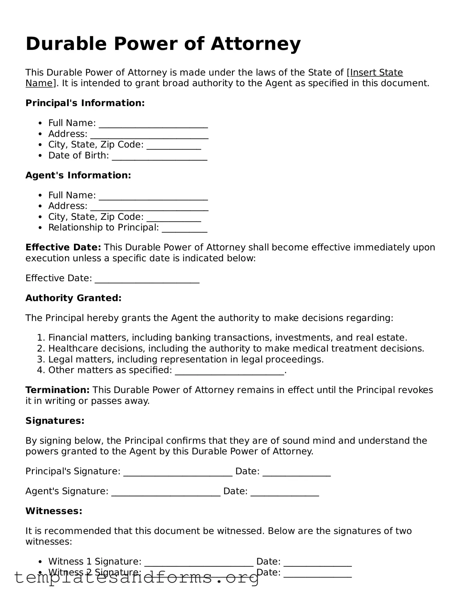 Blank Durable Power of Attorney Document