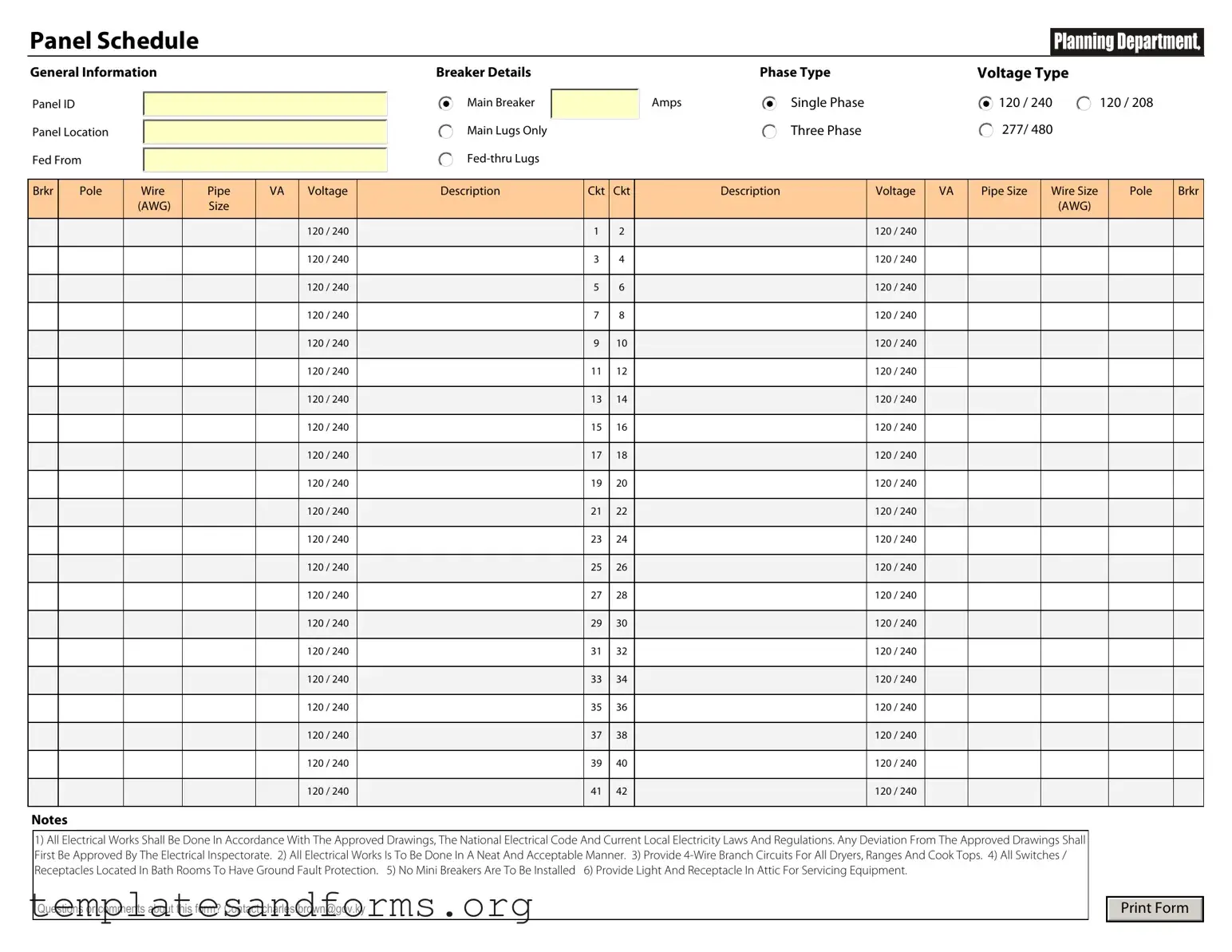 Fill in a Valid Electrical Panel Schedule Form