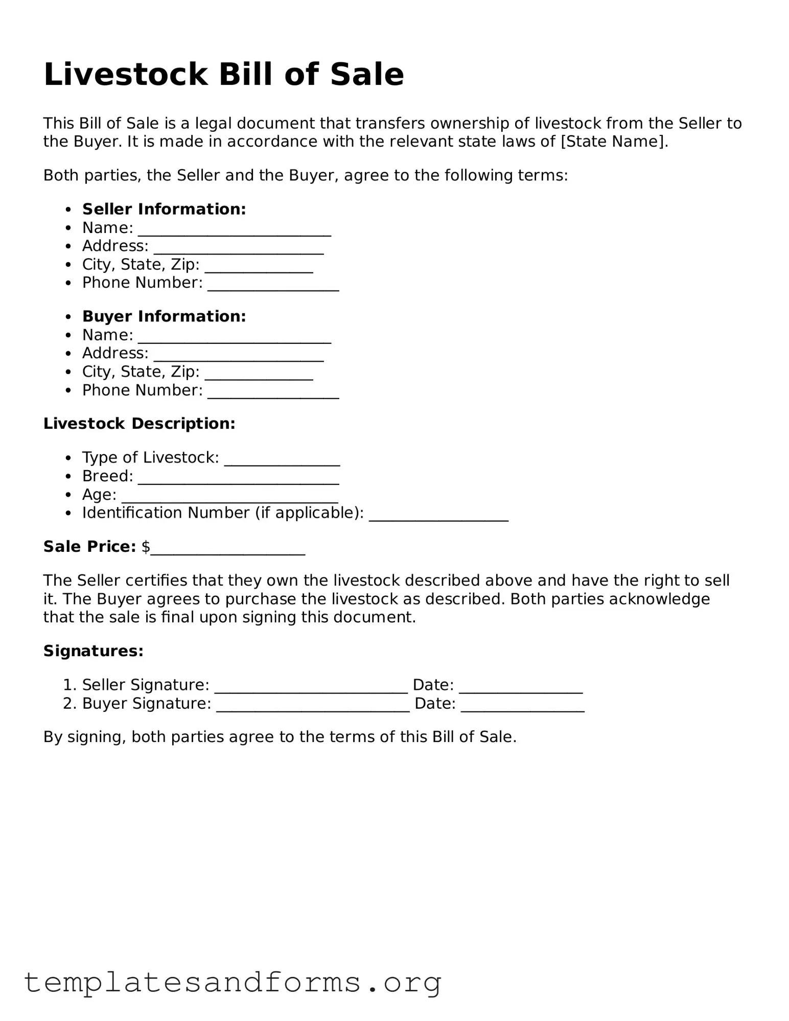 Blank Livestock Bill of Sale Document