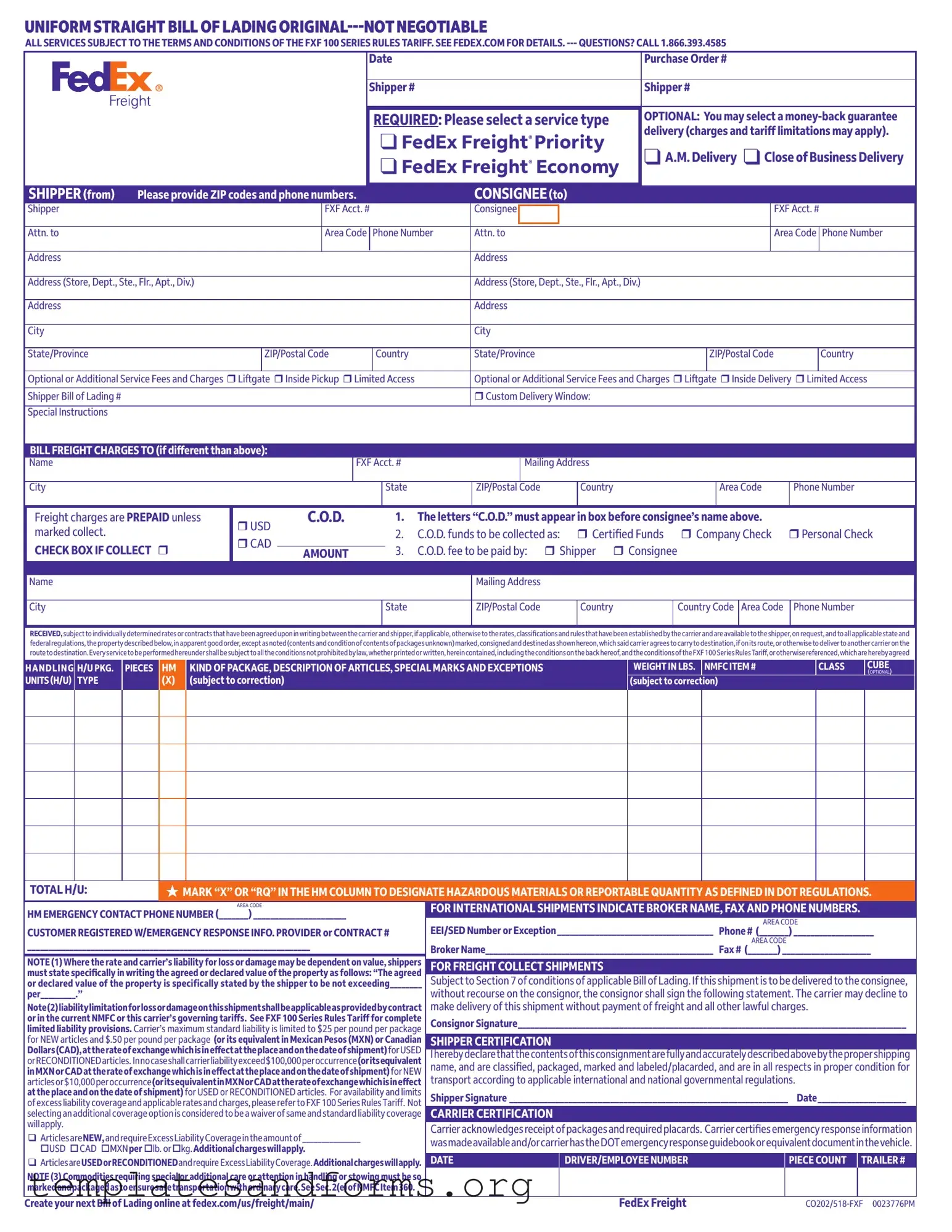 Fill in a Valid Fedex Bill Of Lading Form