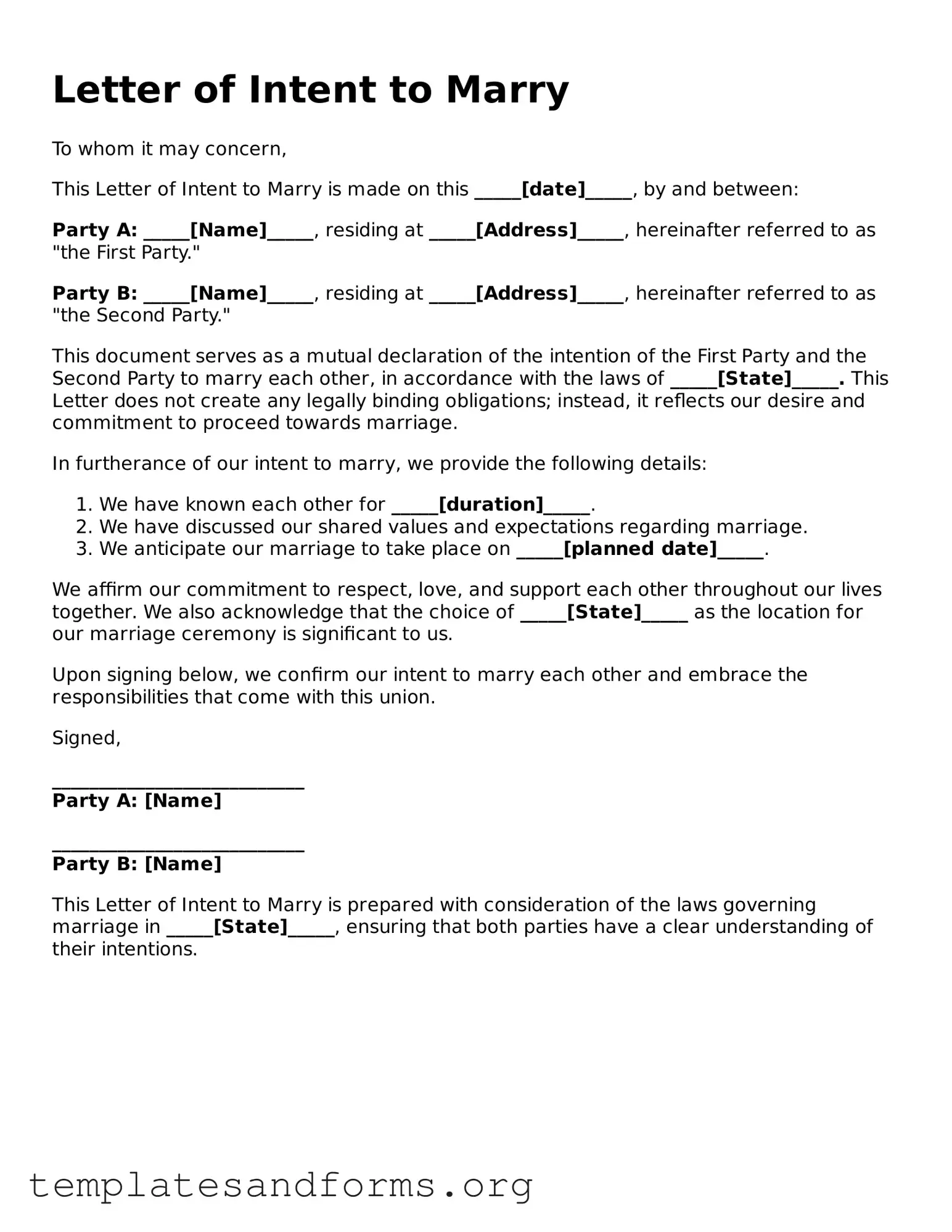 Blank Letter of Intent to Marry Document
