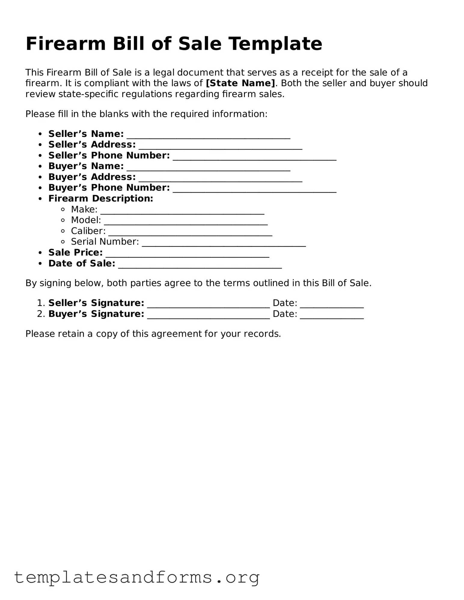 Blank Firearm Bill of Sale Document