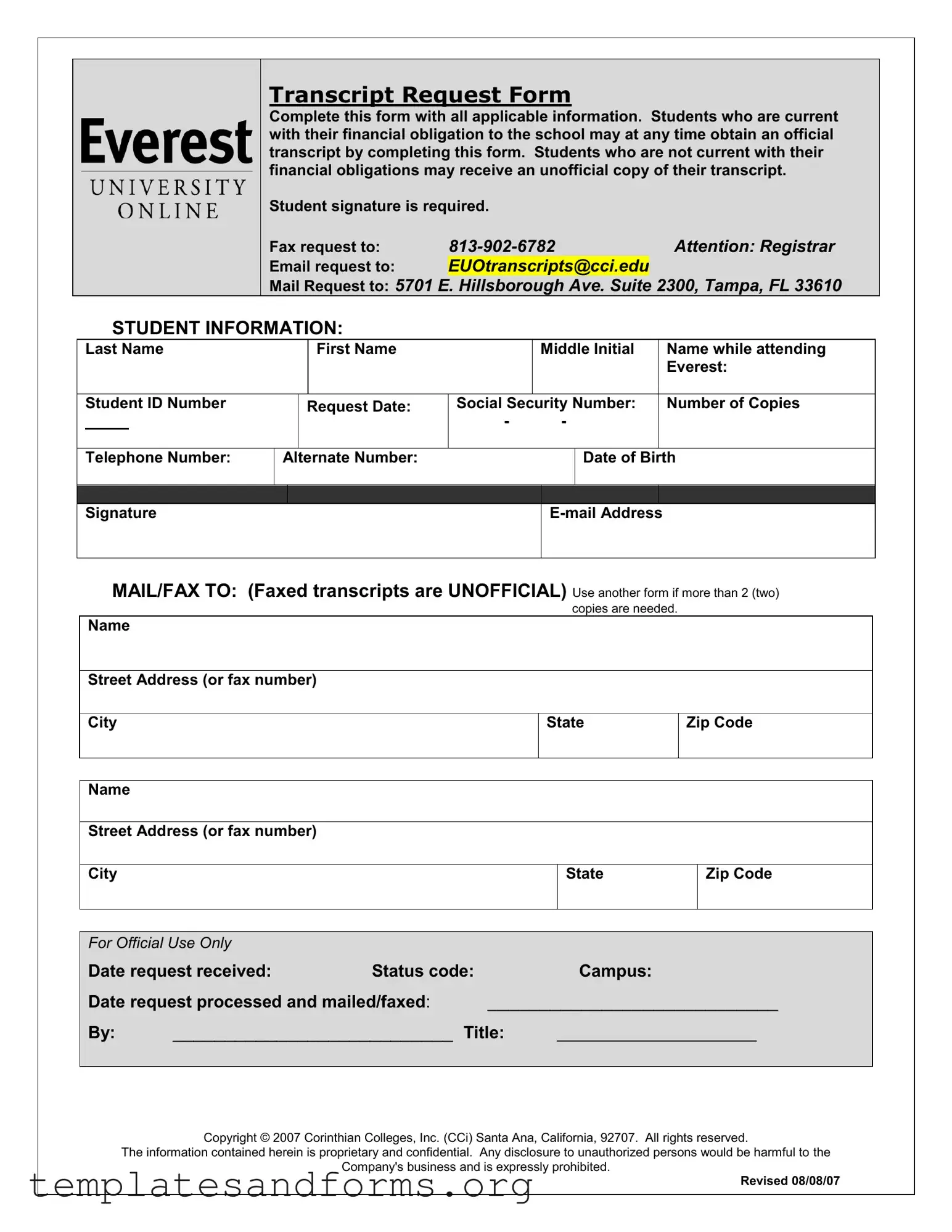 Fill in a Valid Everest University Transcript Form