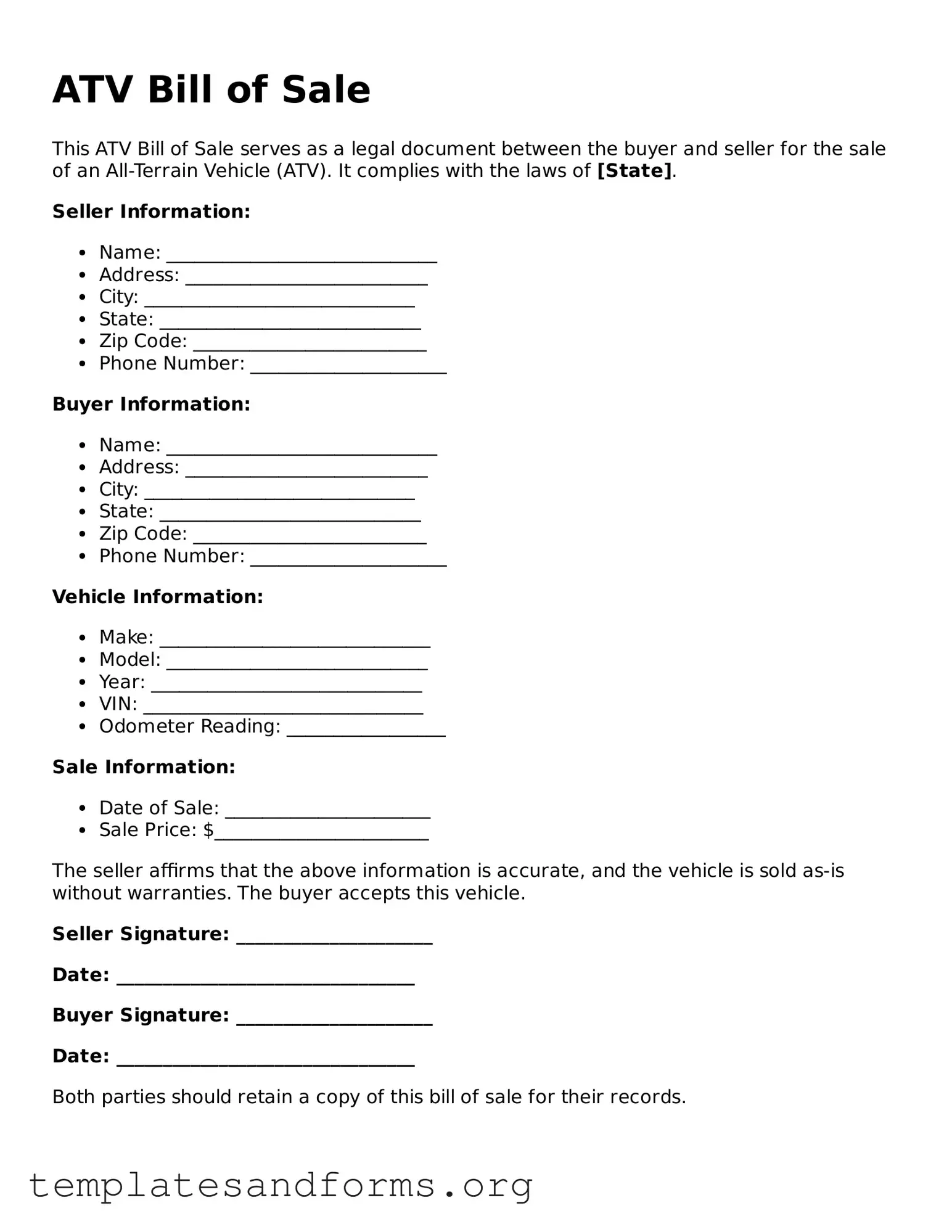 Blank ATV Bill of Sale Document
