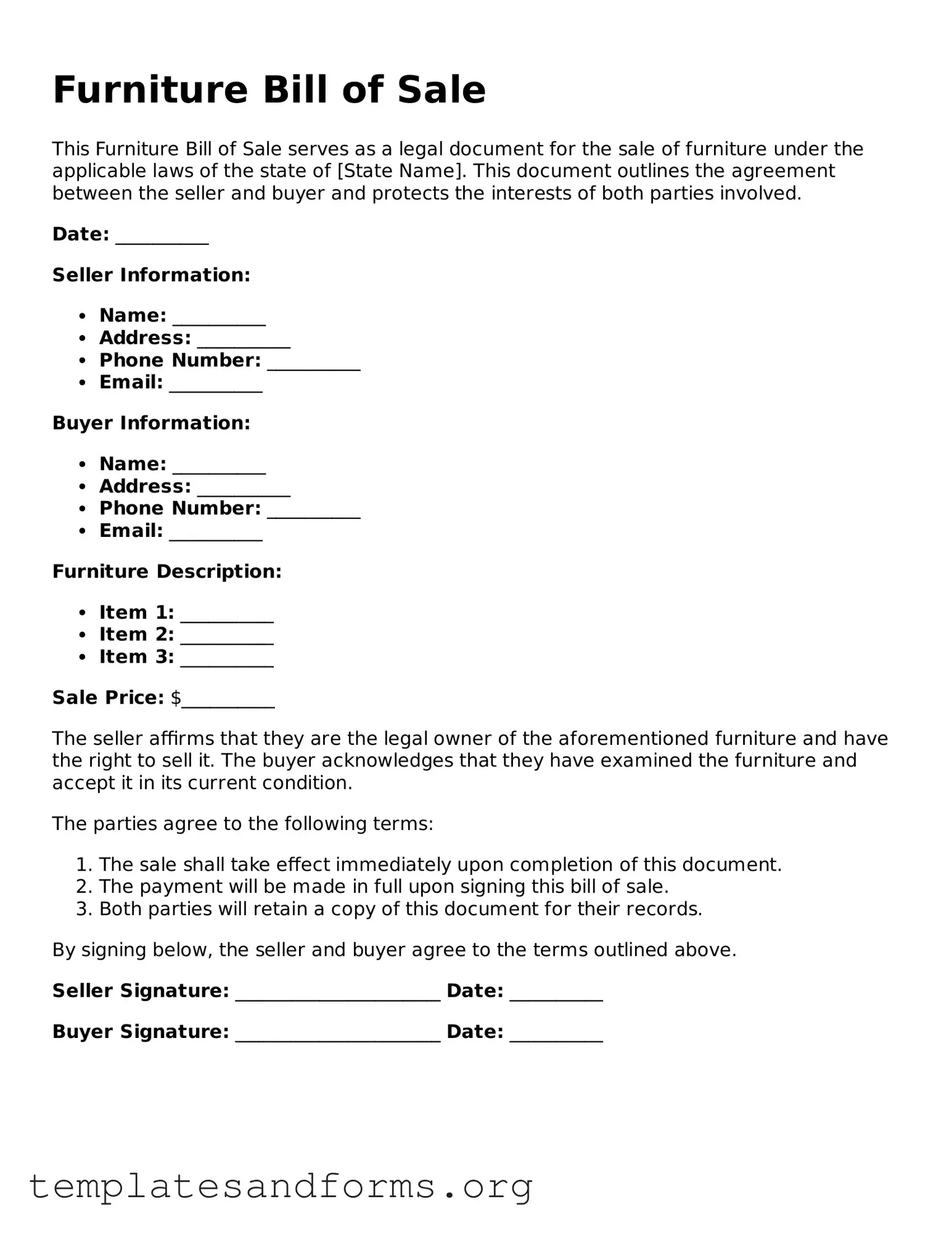 Blank Furniture Bill of Sale Document