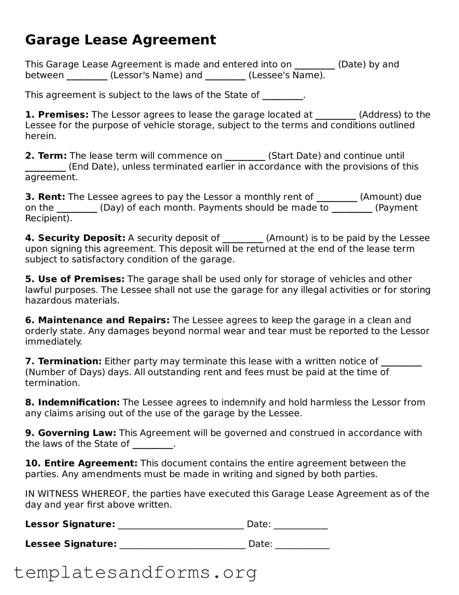 Blank Garage Lease Agreement Document