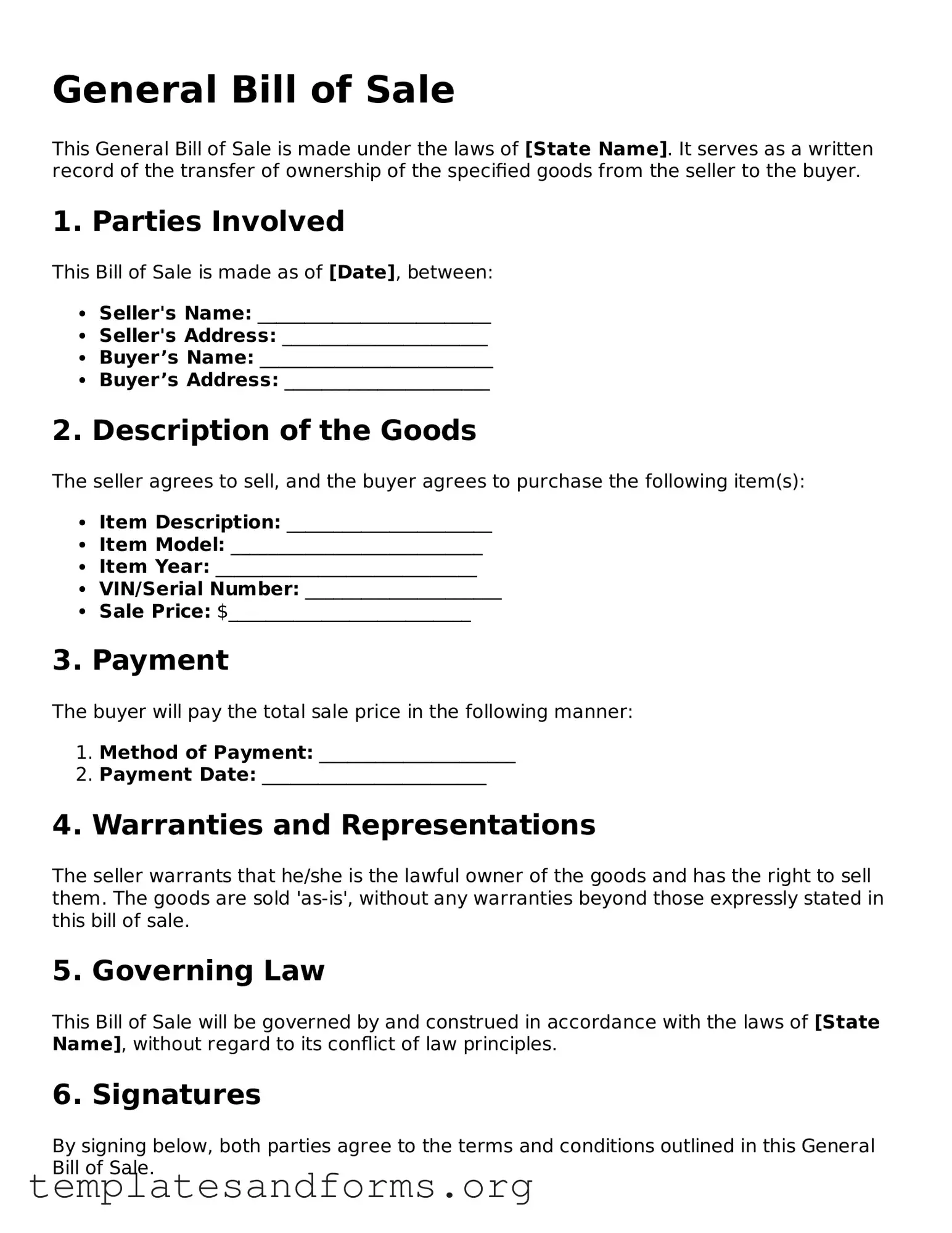 Blank General Bill of Sale Document