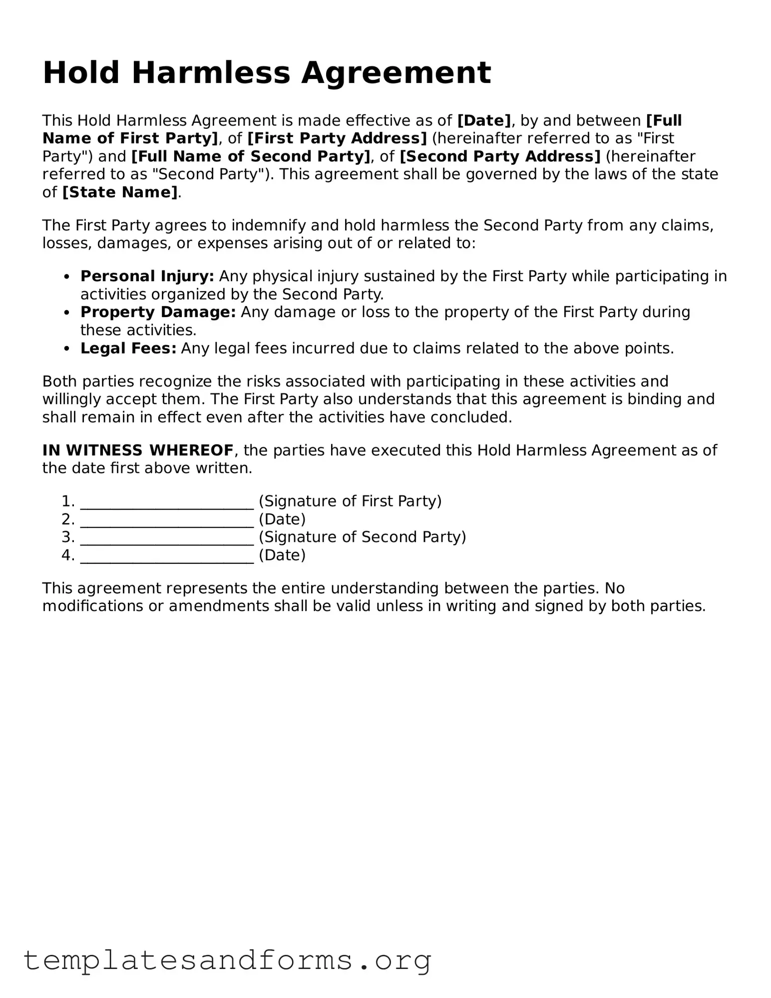 Blank Hold Harmless Agreement Document