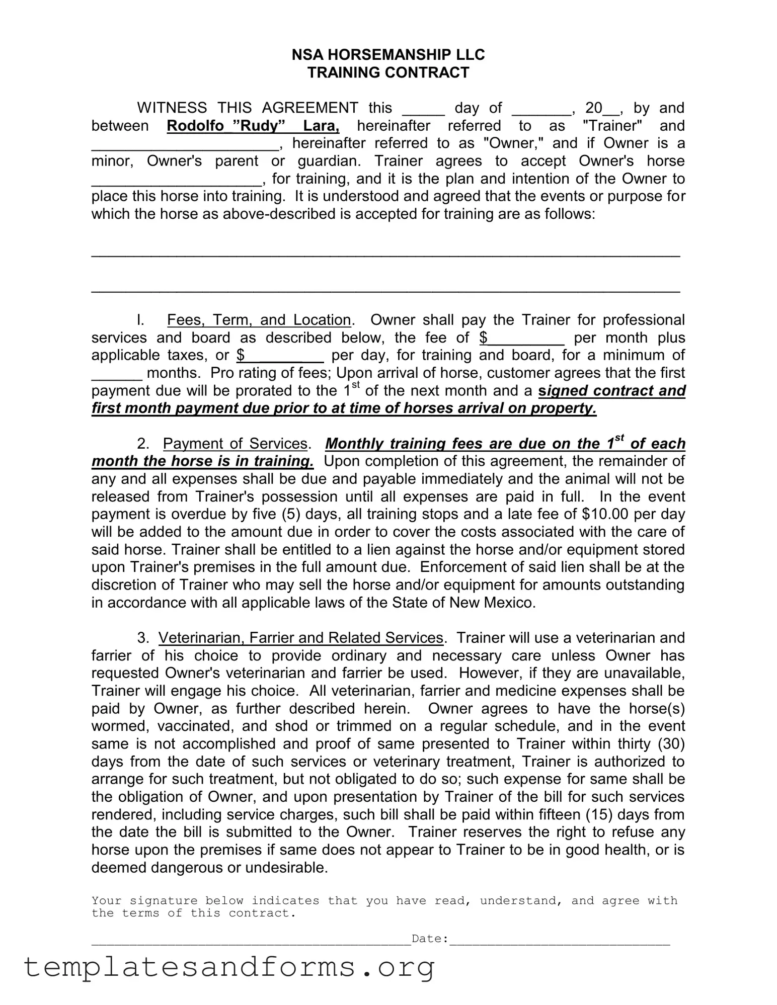 Fill in a Valid Horse Training Contract Form