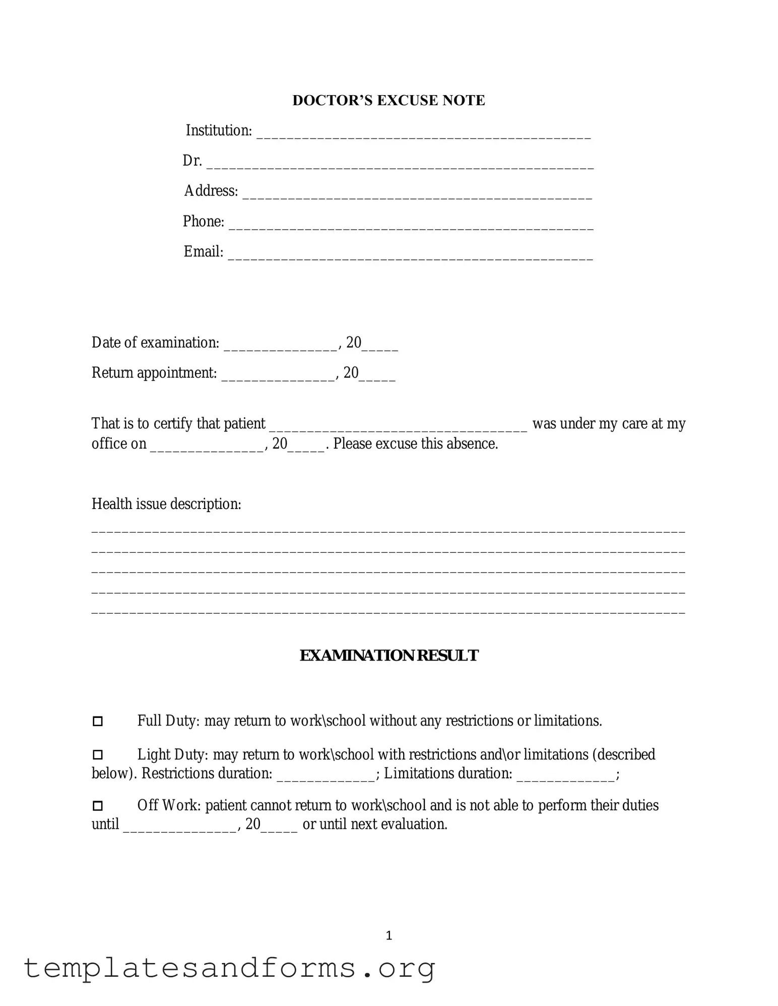 Fill in a Valid Doctors Excuse Note Form
