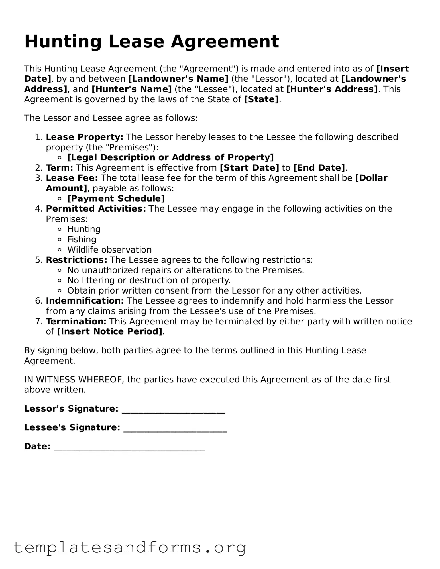 Blank Hunting Lease Agreement Document